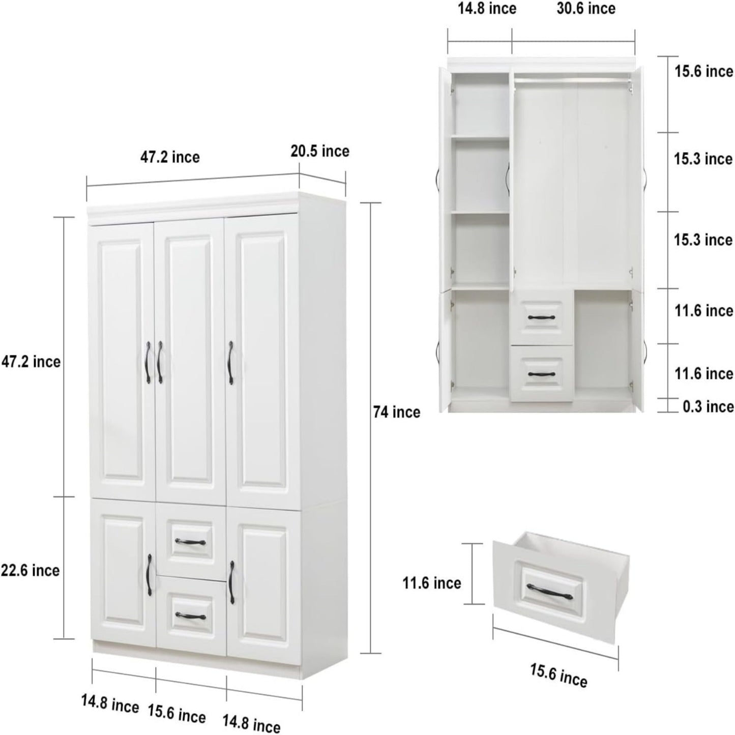 Morden 3 Door Armoire Wardrobe Closet, 2 Drawers Wooden Closet Wardrobe Cabinet for Large Capacity with Hanging Rod for Tall Cabinet Closet White