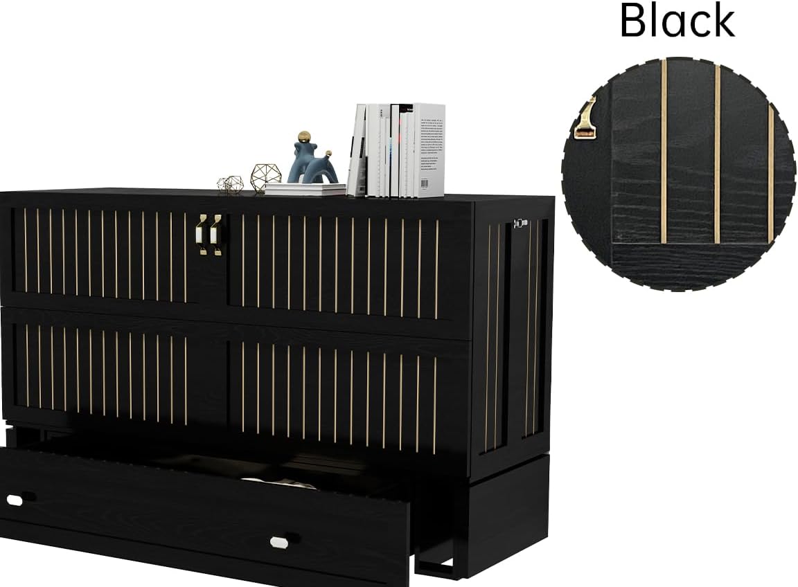 Queen Size MFC-11 Murphy Cabinet Bed with 2 Large Storage Drawers and Shelves Hidden Mobile Chest with Shelves Space Saving for Guest Room Bedroom, 82"x62"x41" Black (Mattress not Include)