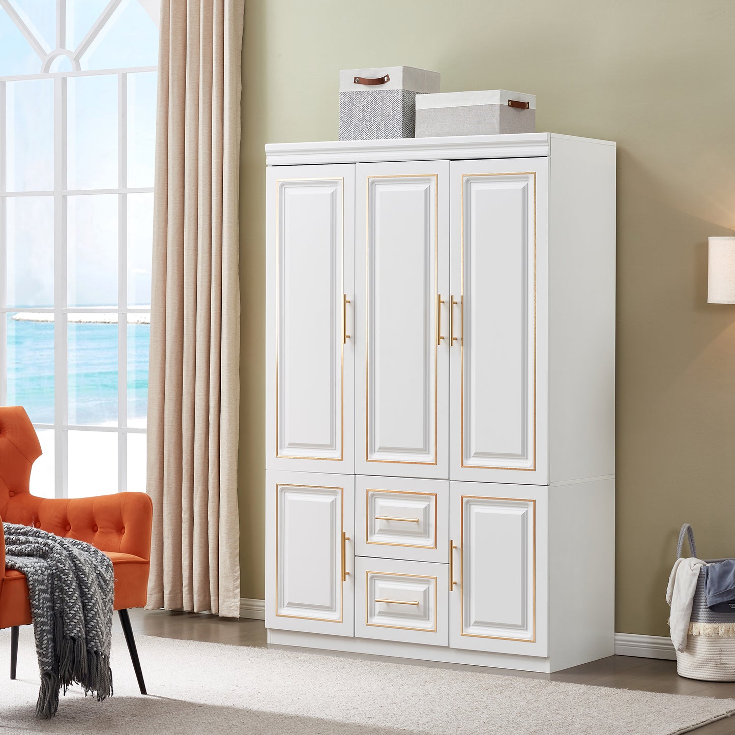 Armoire Wardrobe 74" H 3 Doors 2 Drawers White Bedroom Wardrobe Armoire Closet Freestanding Clothes Storage Armoire Organizer with Hanging Rod Shelves Clothes Cabinet for Bathrooms Clothes Storage