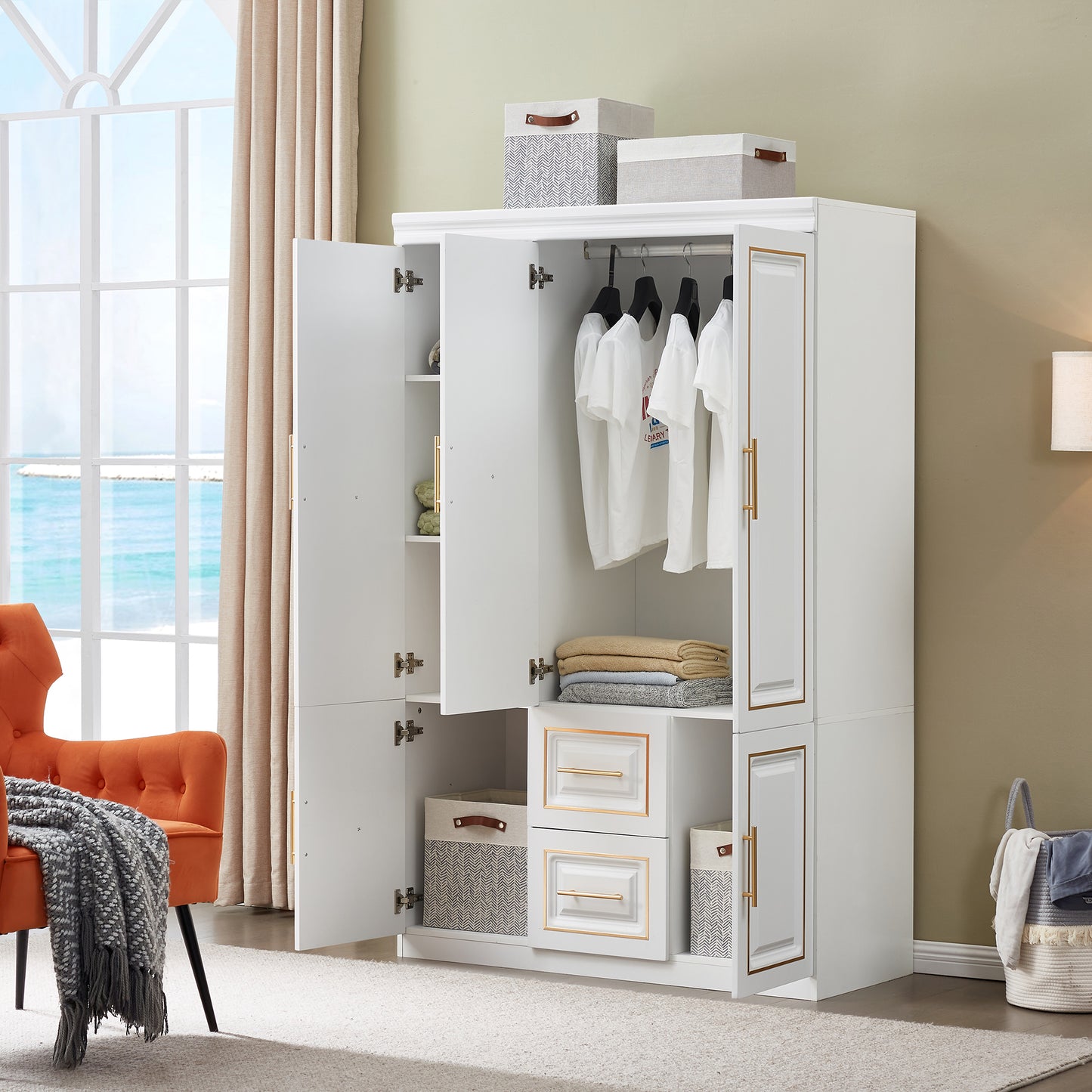 Armoire Wardrobe 74" H 3 Doors 2 Drawers White Bedroom Wardrobe Armoire Closet Freestanding Clothes Storage Armoire Organizer with Hanging Rod Shelves Clothes Cabinet for Bathrooms Clothes Storage