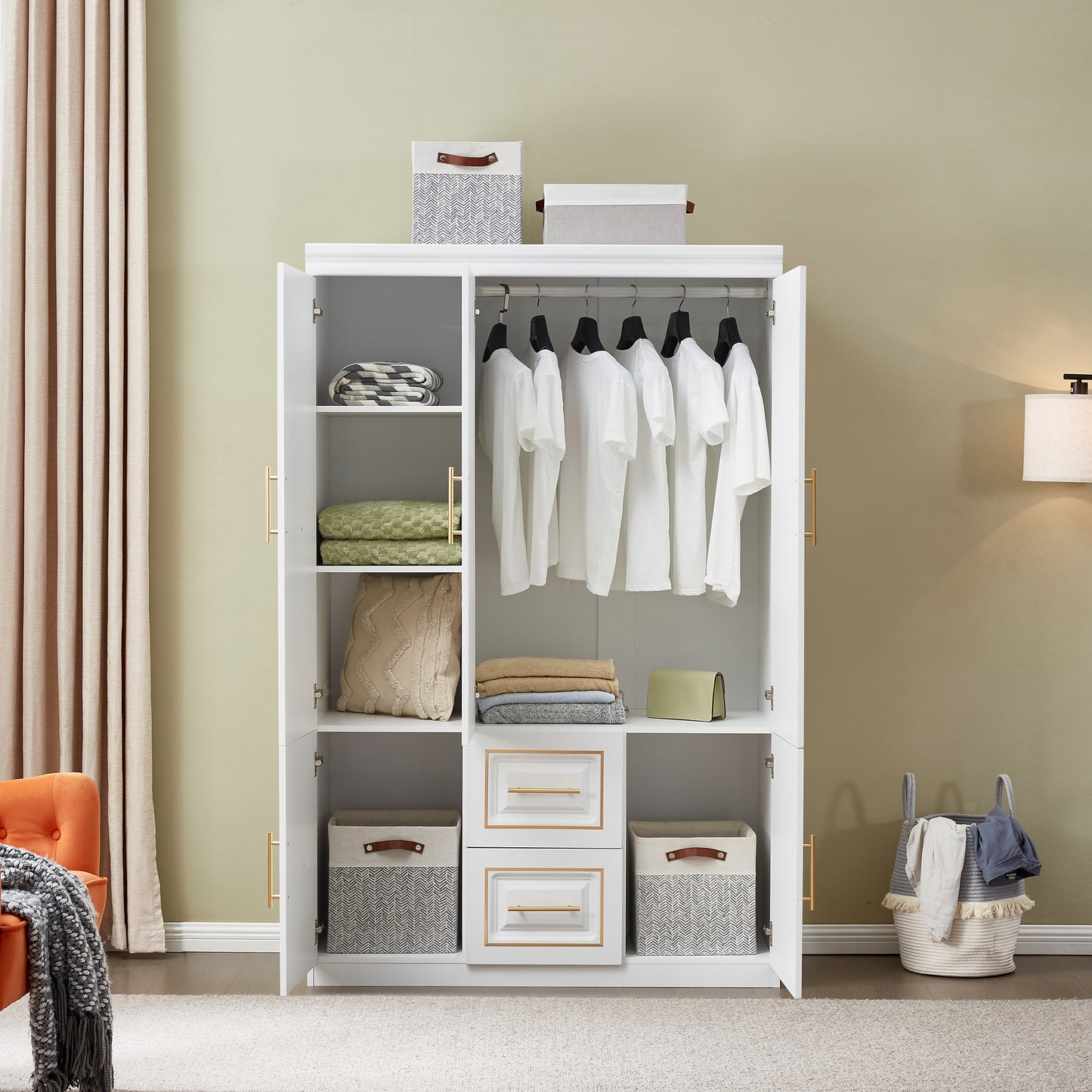 Armoire Wardrobe 74" H 3 Doors 2 Drawers White Bedroom Wardrobe Armoire Closet Freestanding Clothes Storage Armoire Organizer with Hanging Rod Shelves Clothes Cabinet for Bathrooms Clothes Storage