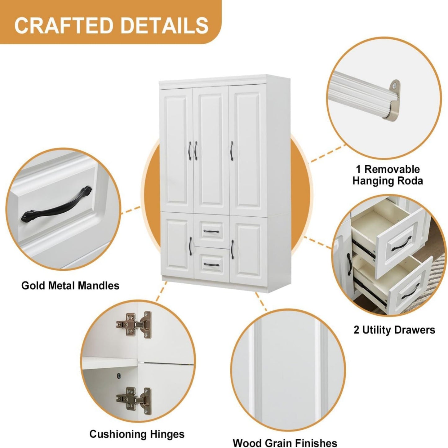 Morden 3 Door Armoire Wardrobe Closet, 2 Drawers Wooden Closet Wardrobe Cabinet for Large Capacity with Hanging Rod for Tall Cabinet Closet White