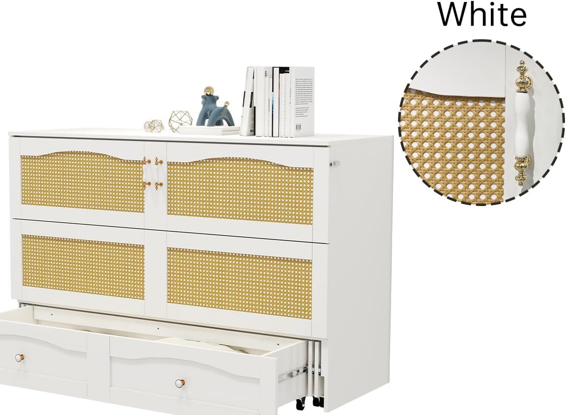 Murphy Bed Cabinet, MFC-9 Queen Cabinet Bed with Storage Drawers for Guest Room, Queen Size Murphy Bed, Space Saving Murphy Bed Chest, Hideaway Bed with White Rattan Design,Foldaway Bed Cabinet