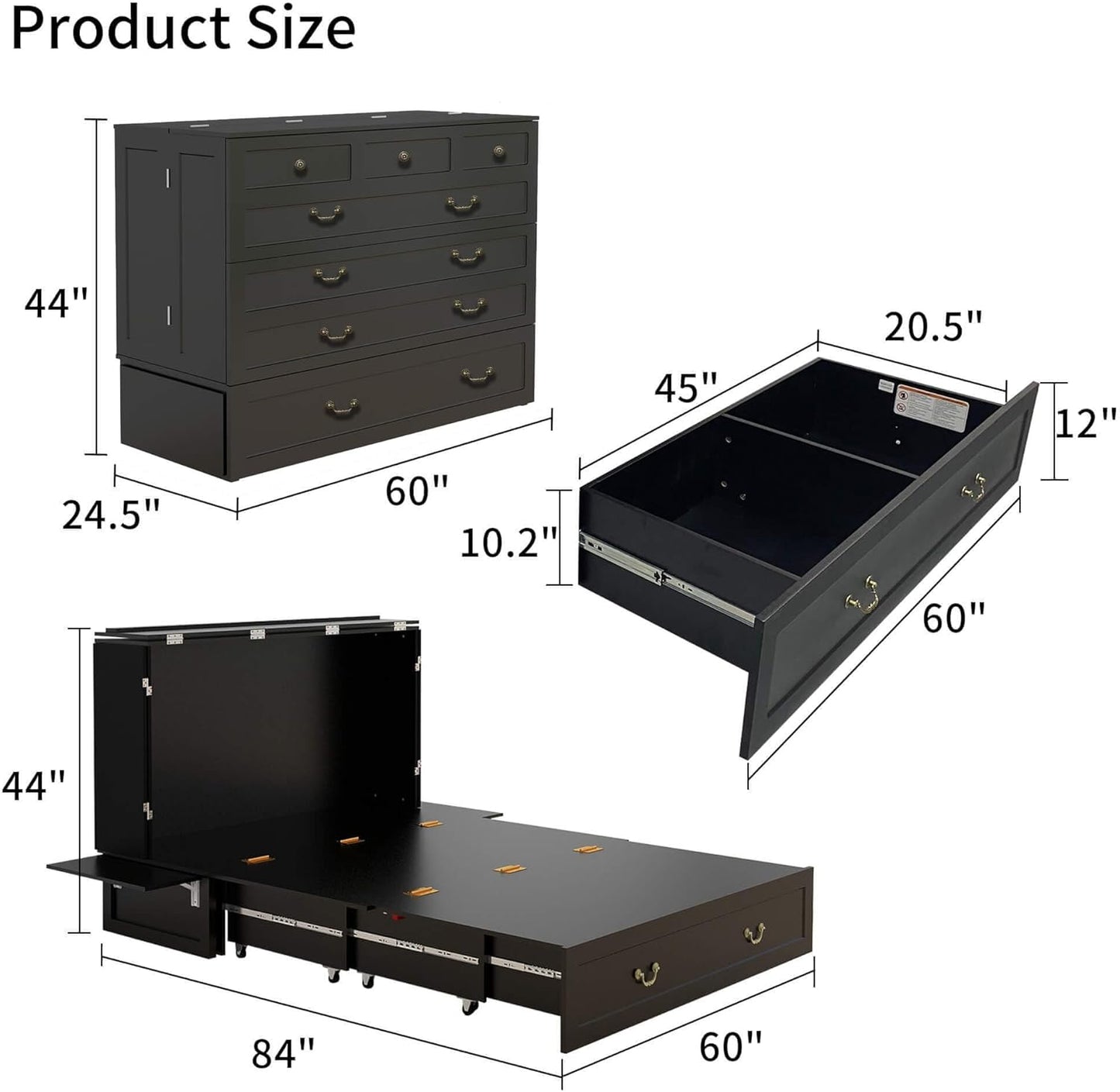 Murphy Bed Cabinet with Drawer Includes Storage Cabinet, MFC-7 Murphy Bed Twin Suit for Home Office or Small Room, Murphy Bed Full with Charging and USB Port, Black Twin Murphy Bed Cabinet Bed