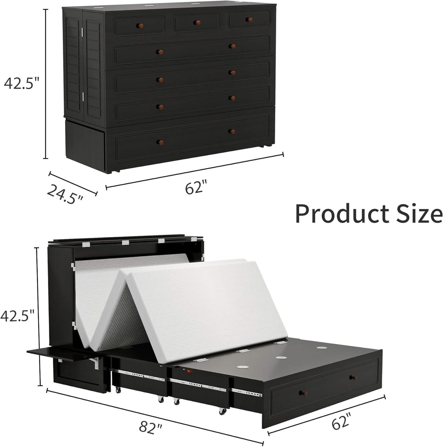 Murphy Bed with 2 Drawers and 2 Shelves, MFC-13 2 USB and 2 Charging Ports, Luxury Murphy Bed for Guest Rooms and Home Offices, Comfortable and Practical Black Queen Murphy Bed Cabinet