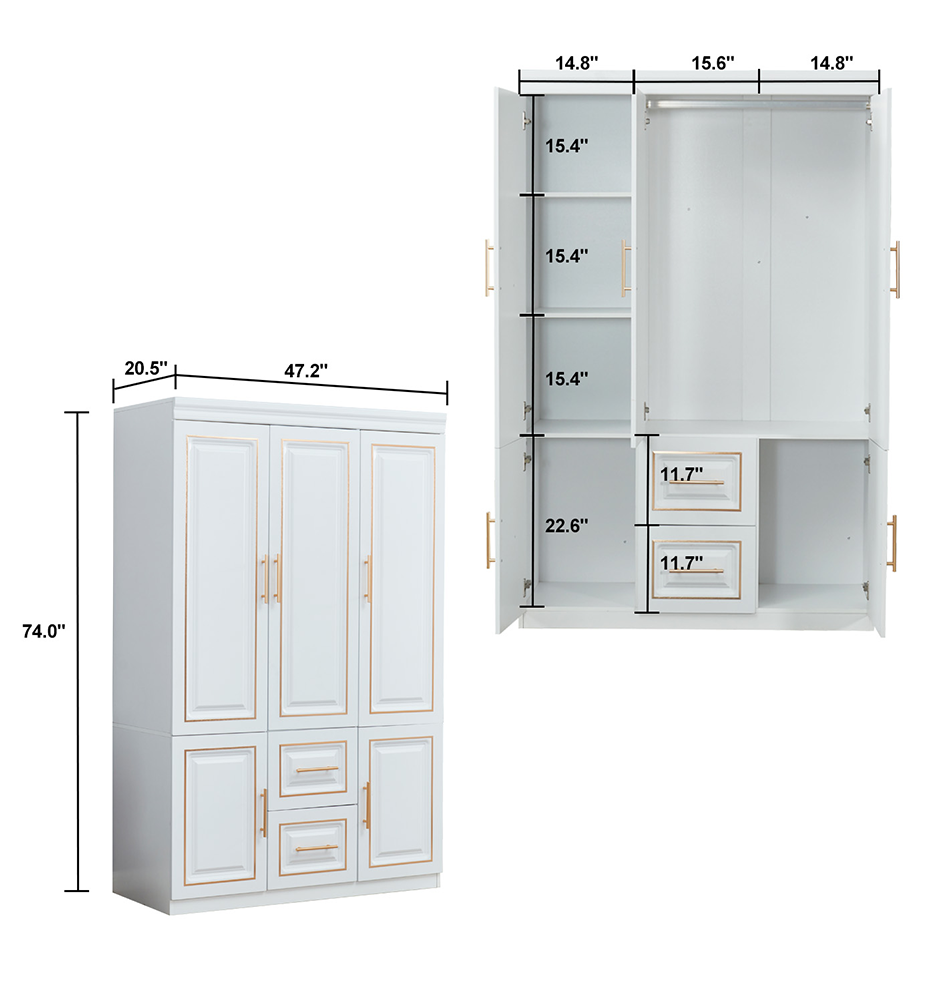 Armoire Wardrobe 74" H 3 Doors 2 Drawers White Bedroom Wardrobe Armoire Closet Freestanding Clothes Storage Armoire Organizer with Hanging Rod Shelves Clothes Cabinet for Bathrooms Clothes Storage
