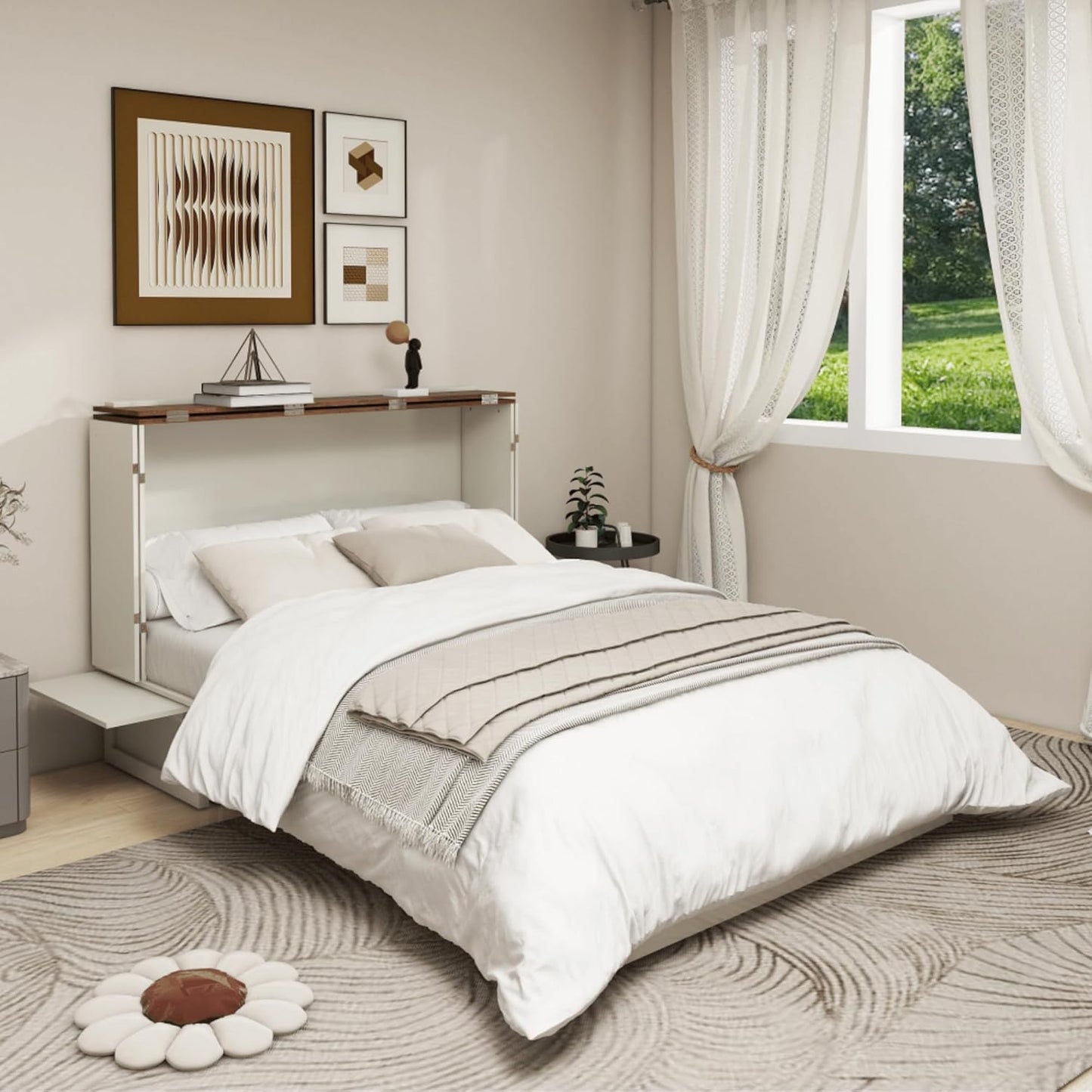 Murphy Bed Cabinet, MFC-3 Queen Murphy Bed with USB and Charging Ports, Murphy Bed Cabinet with Drawer Includes Storage Cabinet, Murphy Bed Queen Suit for Guest Room, White Cabinet Bed
