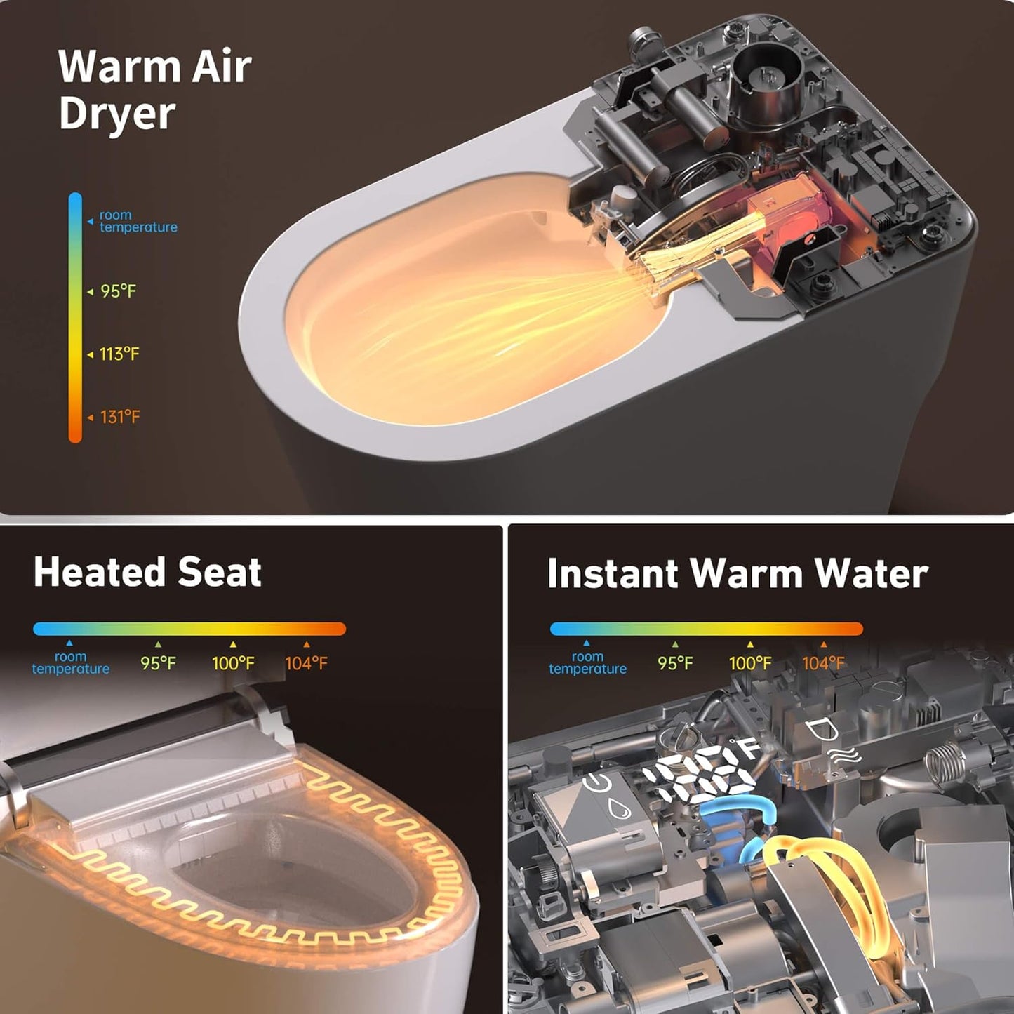 Heated Smart Bidet Toilet,1.28 GPF Water Efficient Elongated Toilet with Auto Flush, Warm Wash, Dryer, Foam Shield, Night Light