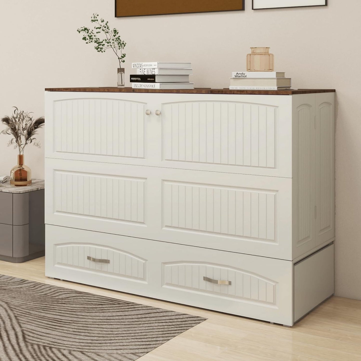 Murphy Bed Cabinet, MFC-3 Queen Murphy Bed with USB and Charging Ports, Murphy Bed Cabinet with Drawer Includes Storage Cabinet, Murphy Bed Queen Suit for Guest Room, White Cabinet Bed