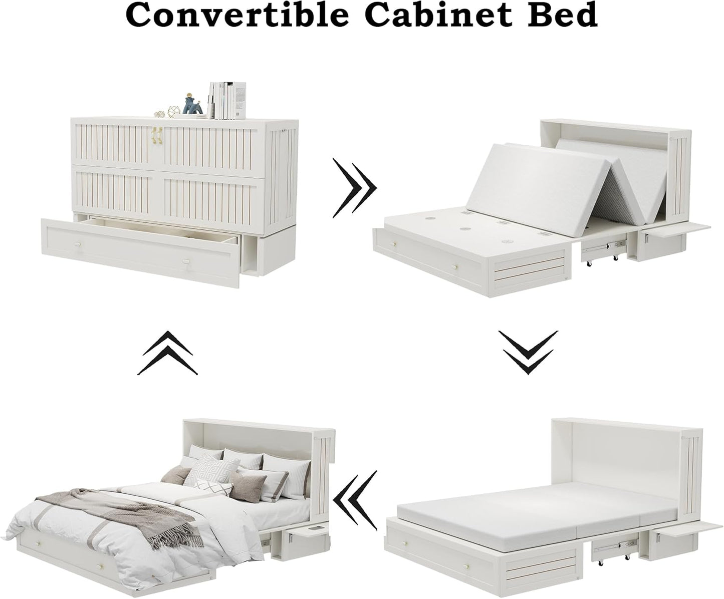 Queen Murphy Bed Cabinet with Storage Drawer and Shelves, MFC-10 White Queen Hideaway Murphy Bed Suit for Guest Room and Bedroom Living Room, Size is 82" L x 62" W x 41" H(NOT Included Mattress)