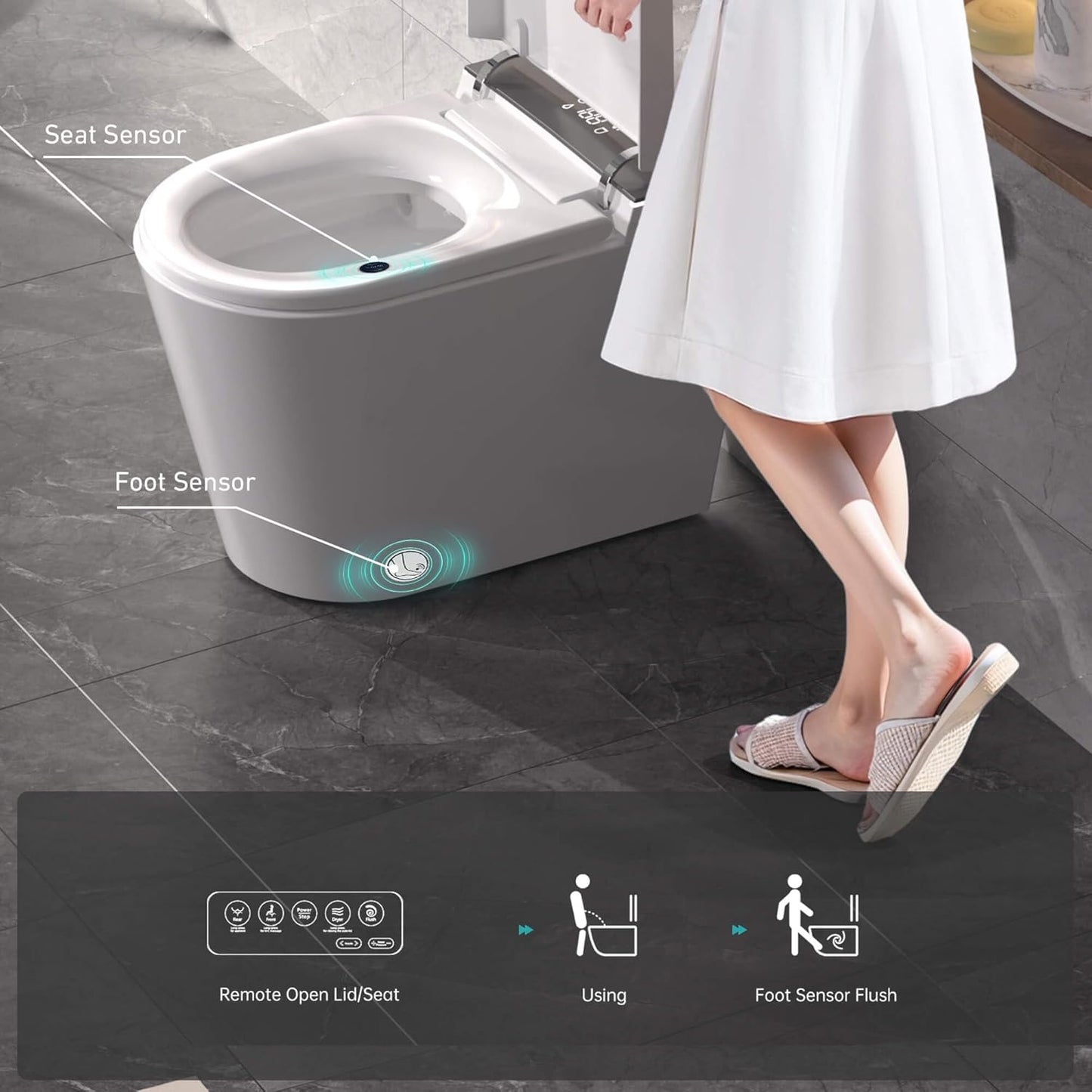 Heated Smart Bidet Toilet,1.28 GPF Water Efficient Elongated Toilet with Auto Flush, Warm Wash, Dryer, Foam Shield, Night Light
