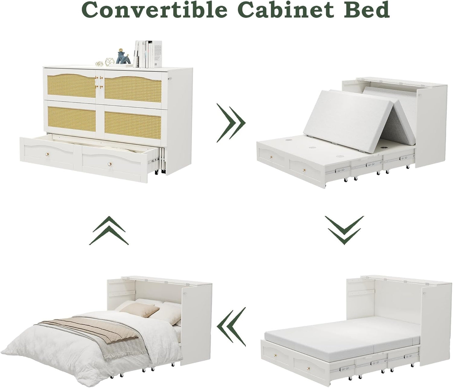 Murphy Bed Cabinet, MFC-9 Queen Cabinet Bed with Storage Drawers for Guest Room, Queen Size Murphy Bed, Space Saving Murphy Bed Chest, Hideaway Bed with White Rattan Design,Foldaway Bed Cabinet