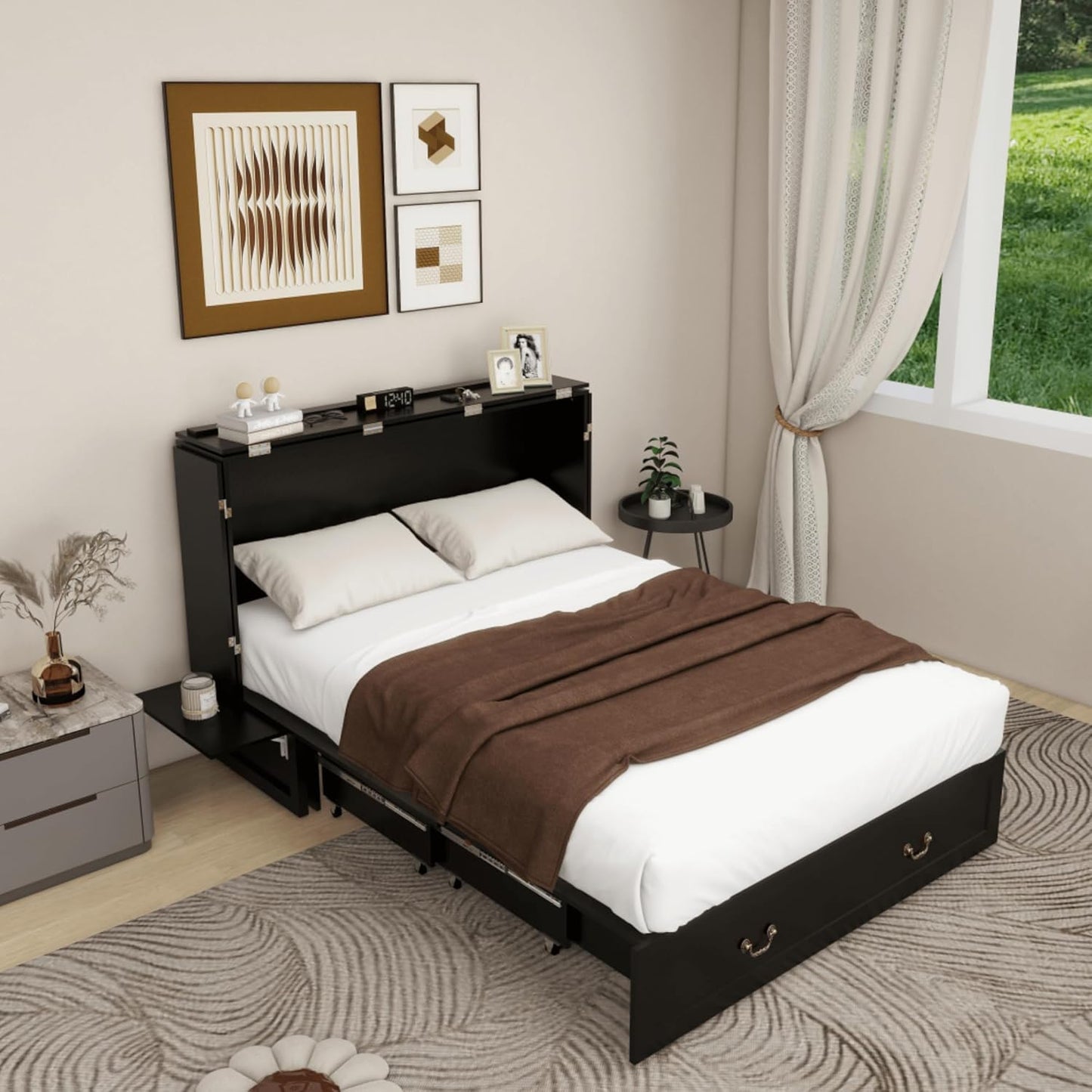 Murphy Bed Cabinet with Drawer Includes Storage Cabinet, MFC-7 Murphy Bed Twin Suit for Home Office or Small Room, Murphy Bed Full with Charging and USB Port, Black Twin Murphy Bed Cabinet Bed