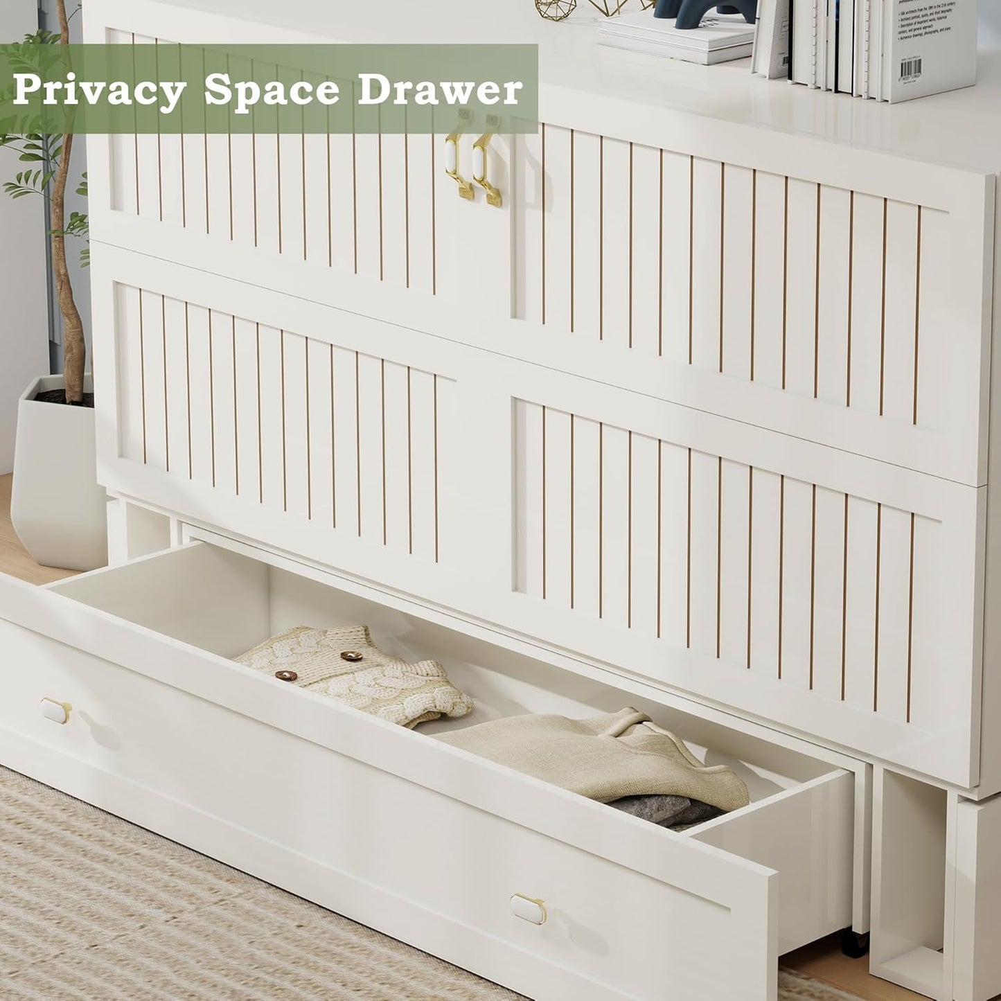 Queen Murphy Bed Cabinet with Storage Drawer and Shelves, MFC-10 White Queen Hideaway Murphy Bed Suit for Guest Room and Bedroom Living Room, Size is 82" L x 62" W x 41" H(NOT Included Mattress)