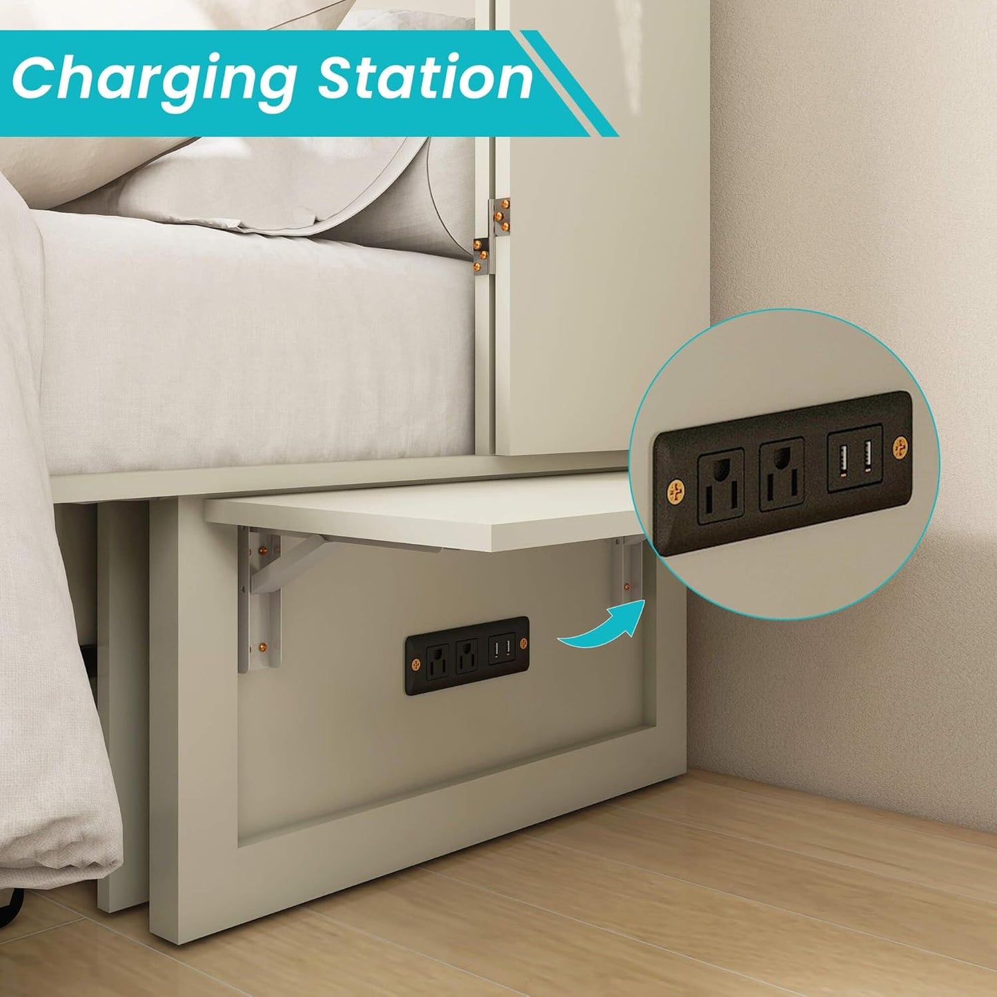 Murphy Bed Cabinet, MFC-3 Queen Murphy Bed with USB and Charging Ports, Murphy Bed Cabinet with Drawer Includes Storage Cabinet, Murphy Bed Queen Suit for Guest Room, White Cabinet Bed
