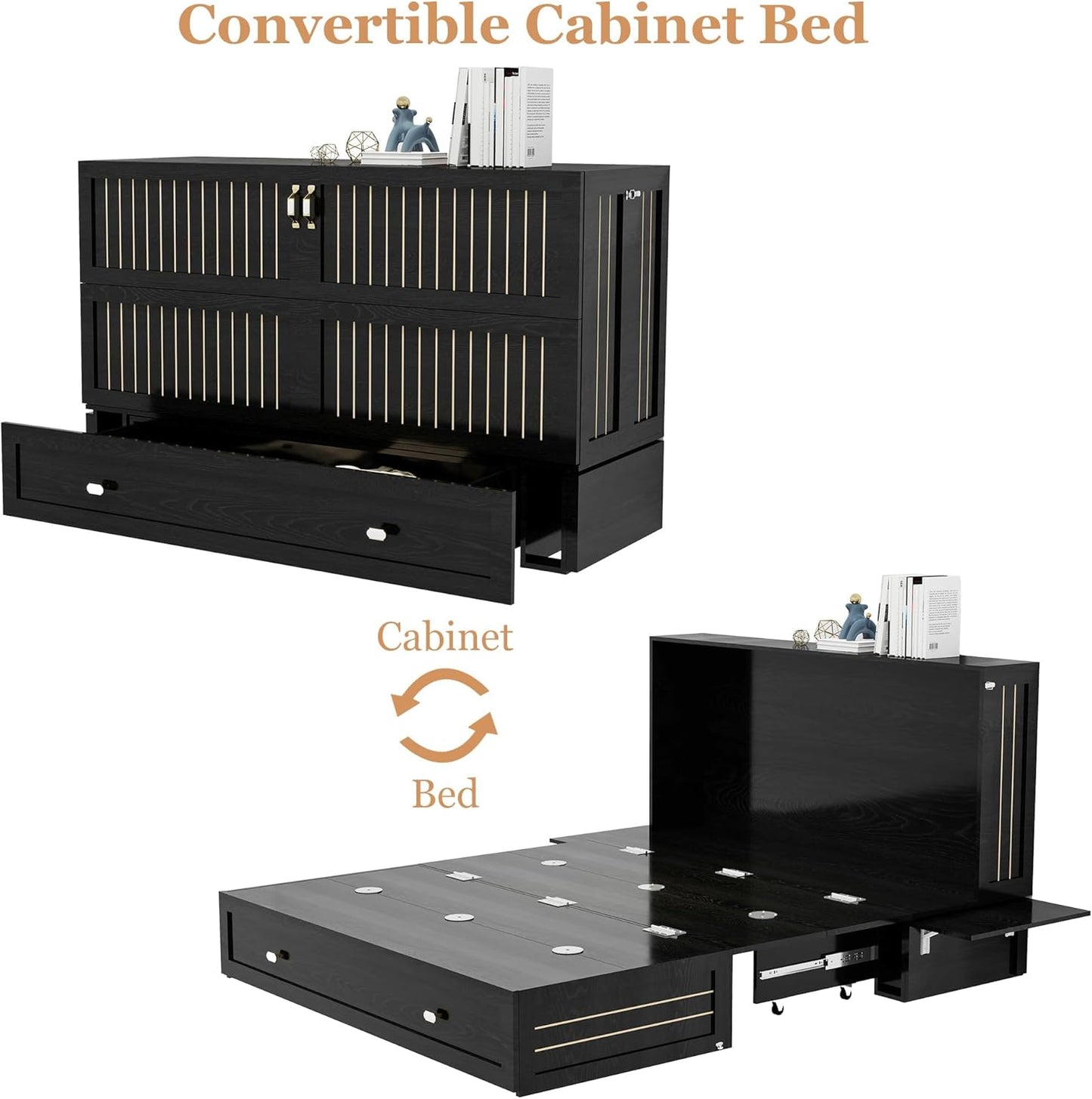 Queen Size MFC-11 Murphy Cabinet Bed with 2 Large Storage Drawers and Shelves Hidden Mobile Chest with Shelves Space Saving for Guest Room Bedroom, 82"x62"x41" Black (Mattress not Include)