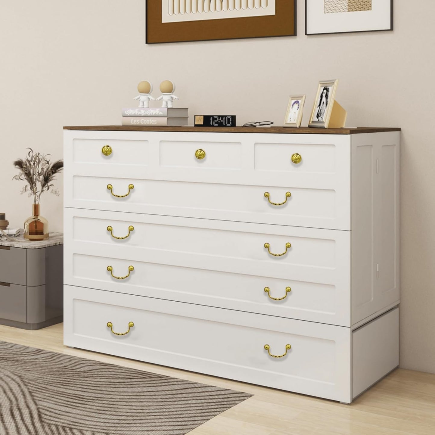 Murphy Bed Cabinet with Drawer Includes Storage Cabinet, MFC-6 Murphy Bed Twin Suit for Home Office, Murphy Bed Full with Charging and USB Port, Warm White Twin Murphy Bed Cabinet Bed, Guest Bed