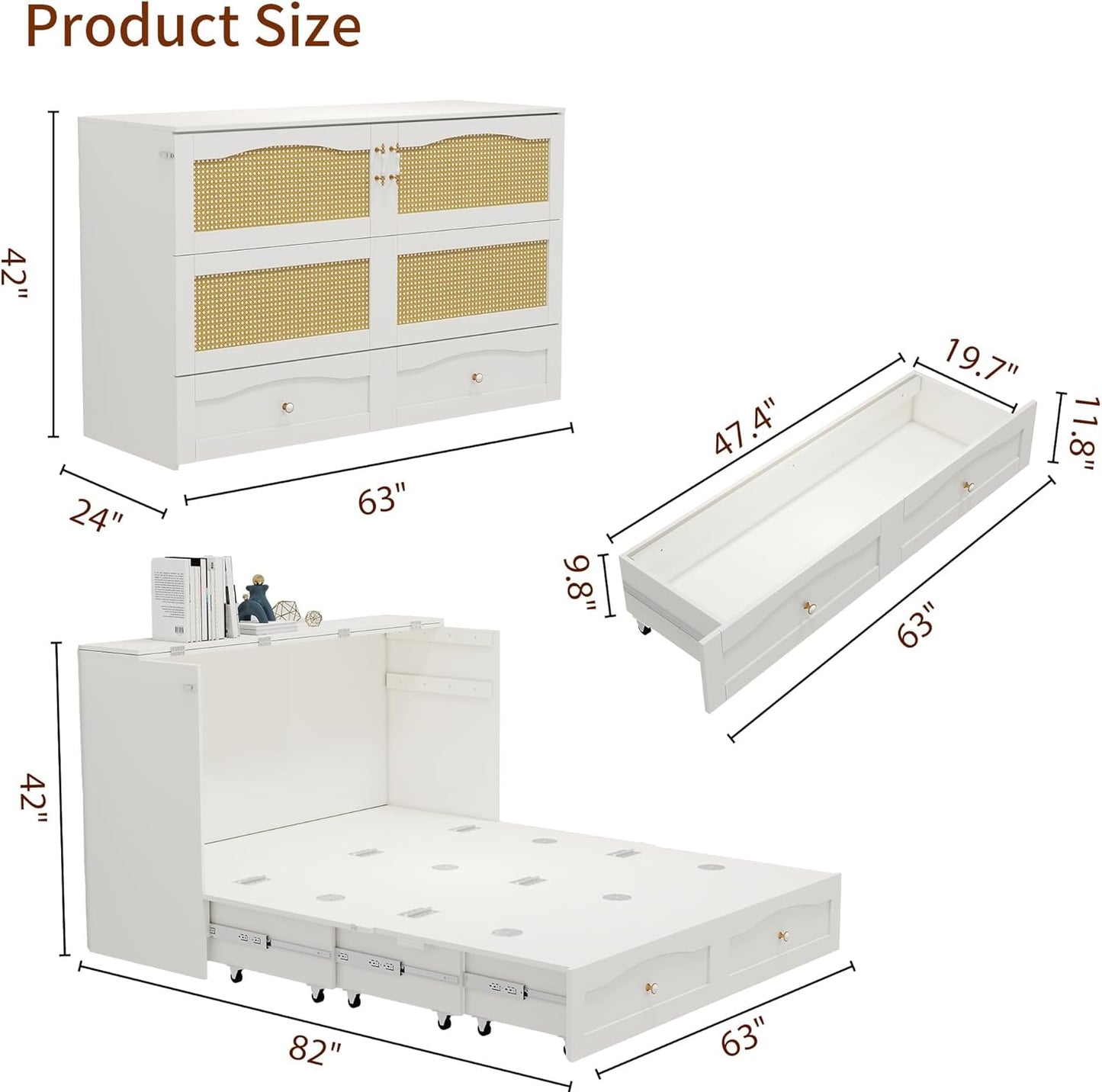 Murphy Bed Cabinet, MFC-9 Queen Cabinet Bed with Storage Drawers for Guest Room, Queen Size Murphy Bed, Space Saving Murphy Bed Chest, Hideaway Bed with White Rattan Design,Foldaway Bed Cabinet