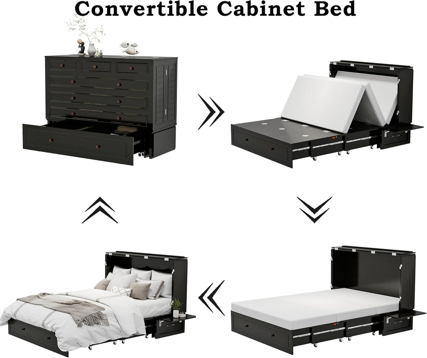 Murphy Bed with 2 Drawers and 2 Shelves, MFC-13 2 USB and 2 Charging Ports, Luxury Murphy Bed for Guest Rooms and Home Offices, Comfortable and Practical Black Queen Murphy Bed Cabinet