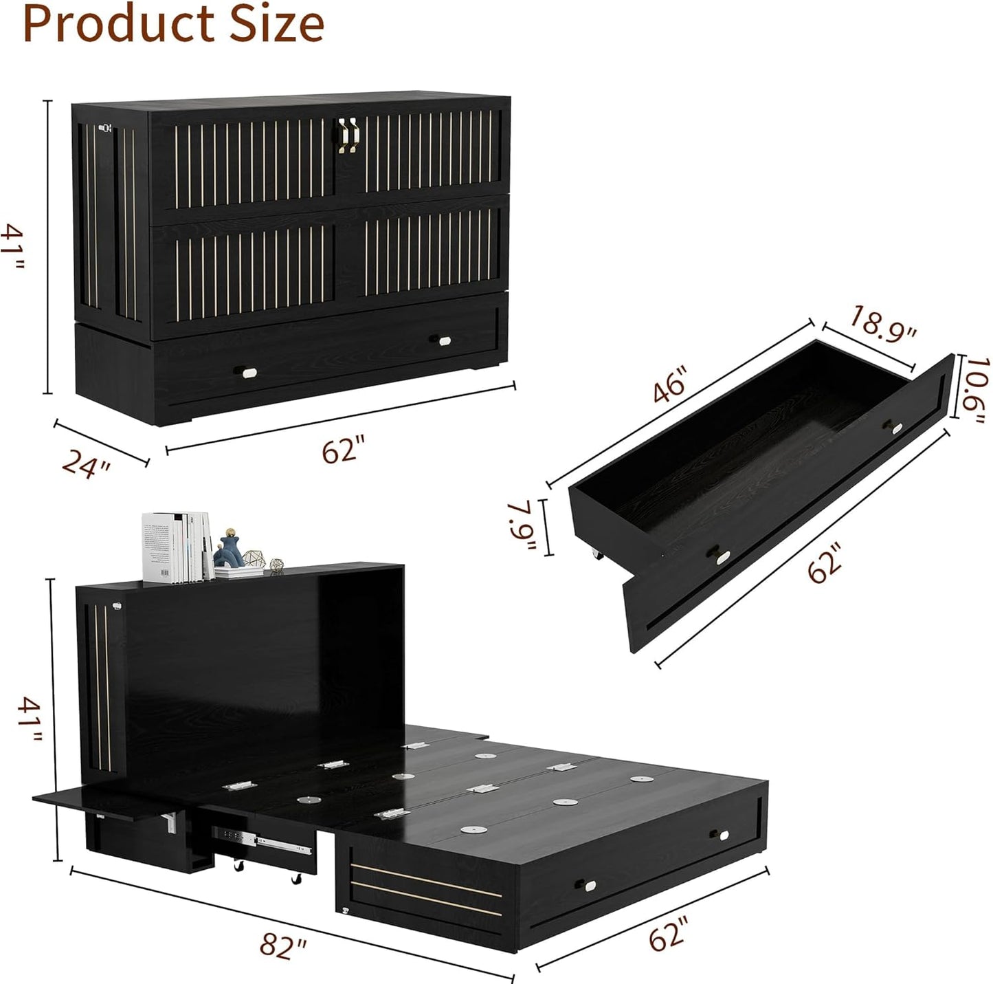 Queen Size MFC-11 Murphy Cabinet Bed with 2 Large Storage Drawers and Shelves Hidden Mobile Chest with Shelves Space Saving for Guest Room Bedroom, 82"x62"x41" Black (Mattress not Include)