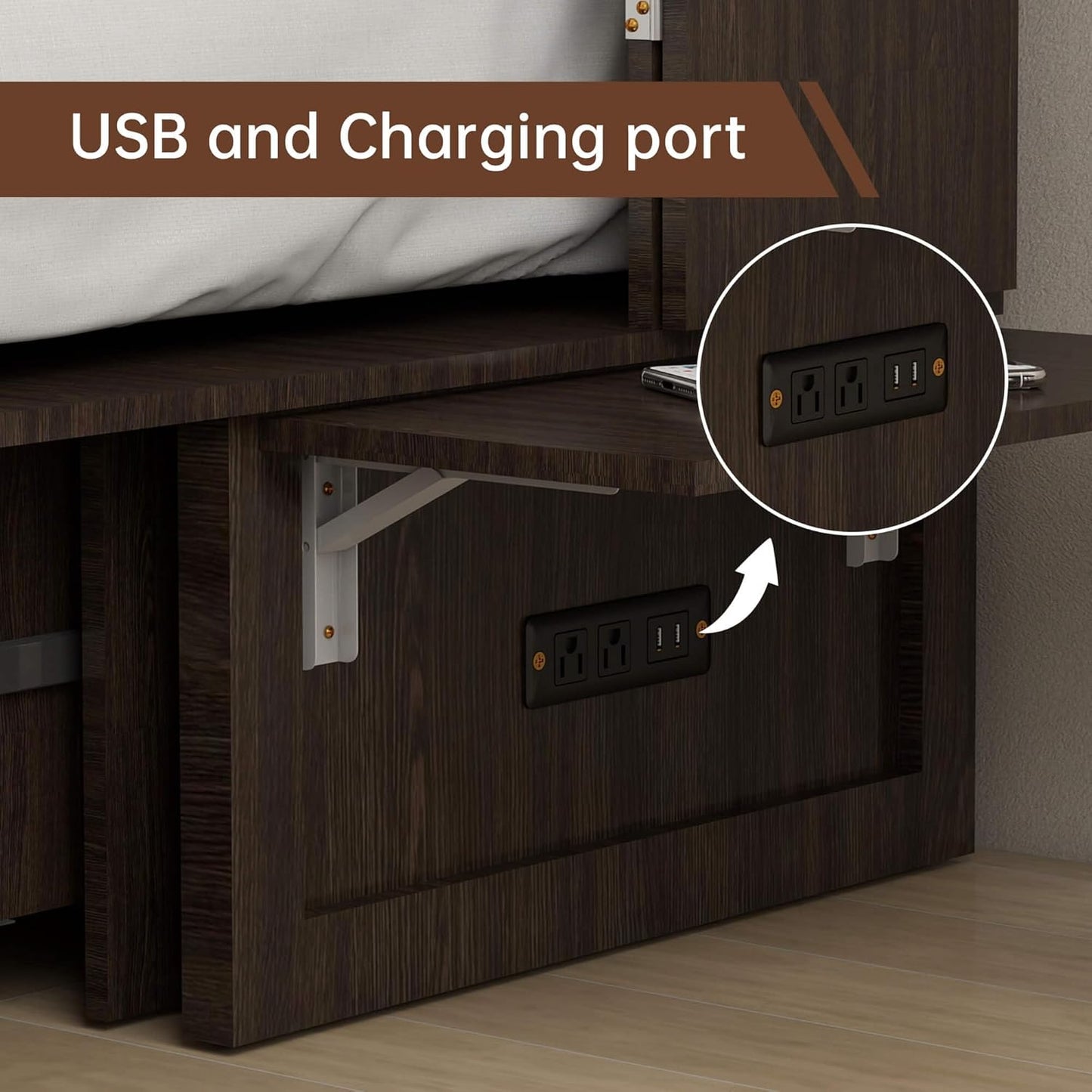 Queen Murphy Bed MFC-12 Cabinet with Charging Station for Guest Room, Black Walnut Queen Hideaway Murphy Bed with Storage Drawer and Shelves(NOT Included Mattress)