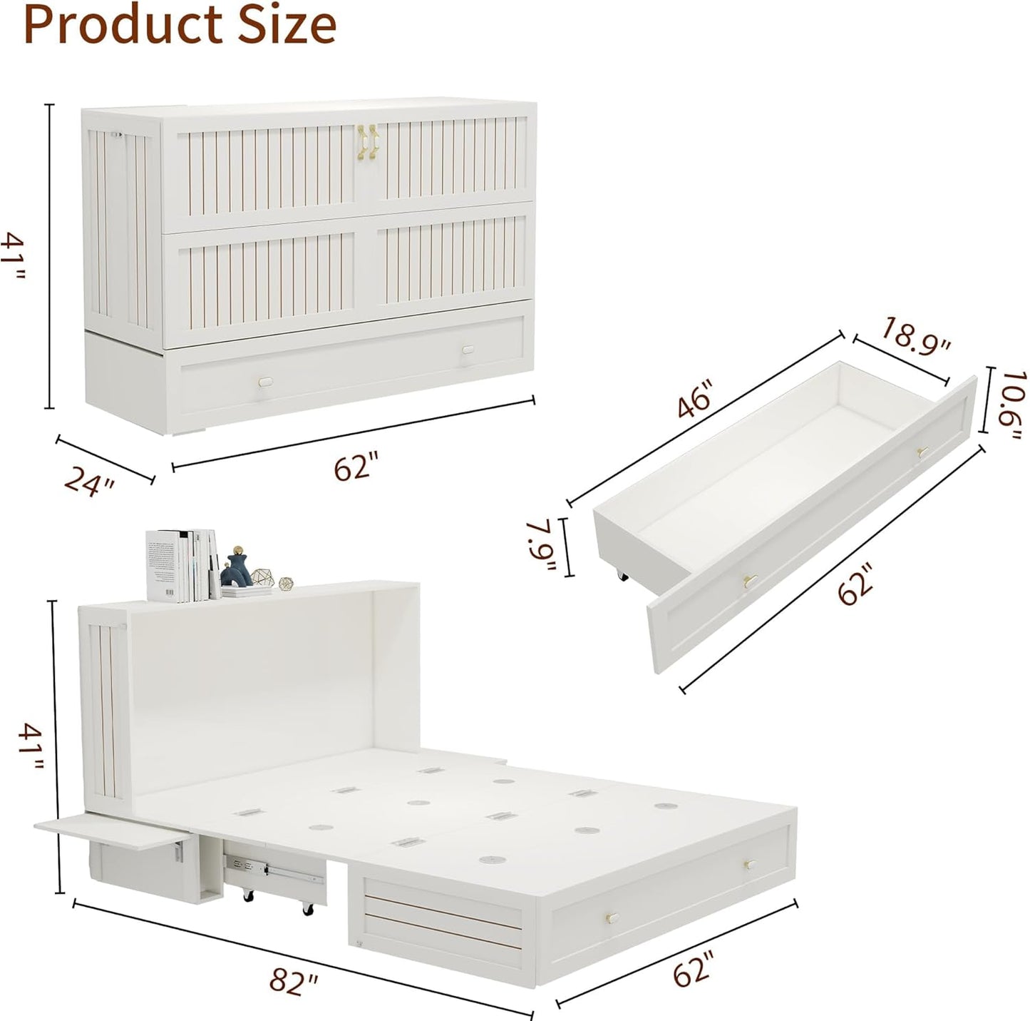 Queen Murphy Bed Cabinet with Storage Drawer and Shelves, MFC-10 White Queen Hideaway Murphy Bed Suit for Guest Room and Bedroom Living Room, Size is 82" L x 62" W x 41" H(NOT Included Mattress)
