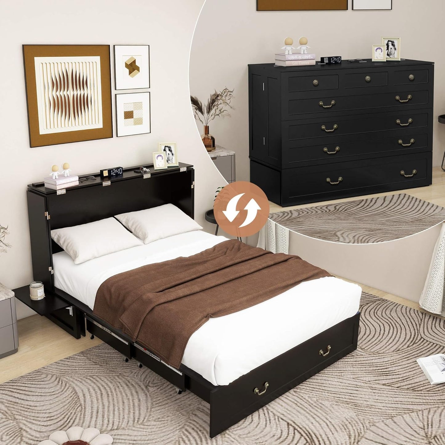 Murphy Bed Cabinet with Drawer Includes Storage Cabinet, MFC-7 Murphy Bed Twin Suit for Home Office or Small Room, Murphy Bed Full with Charging and USB Port, Black Twin Murphy Bed Cabinet Bed