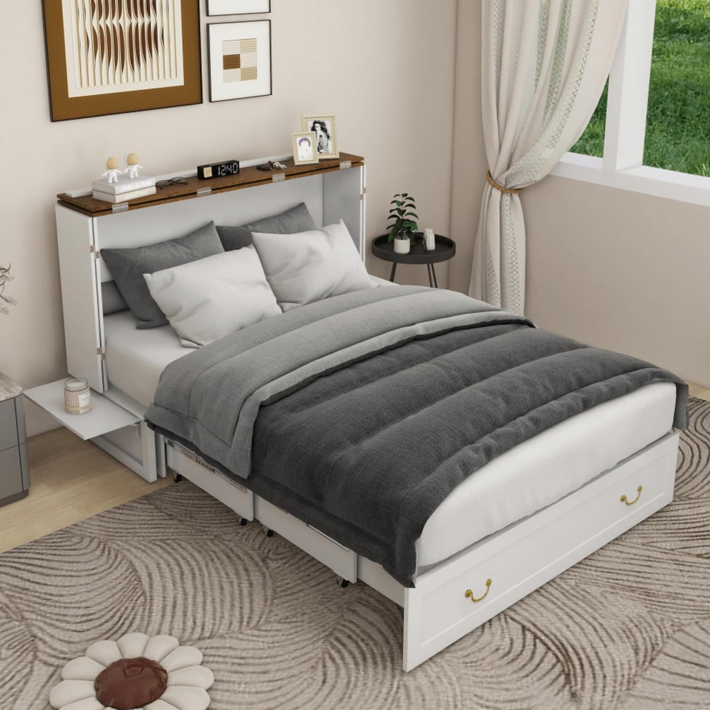 Murphy Bed Cabinet with Drawer Includes Storage Cabinet, MFC-6 Murphy Bed Twin Suit for Home Office, Murphy Bed Full with Charging and USB Port, Warm White Twin Murphy Bed Cabinet Bed, Guest Bed