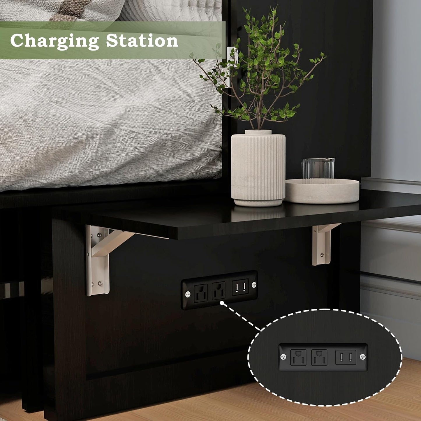 Murphy Bed with 2 Drawers and 2 Shelves, MFC-13 2 USB and 2 Charging Ports, Luxury Murphy Bed for Guest Rooms and Home Offices, Comfortable and Practical Black Queen Murphy Bed Cabinet