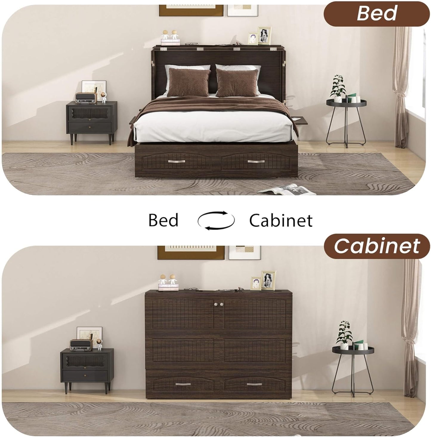 Queen Murphy Bed MFC-12 Cabinet with Charging Station for Guest Room, Black Walnut Queen Hideaway Murphy Bed with Storage Drawer and Shelves(NOT Included Mattress)