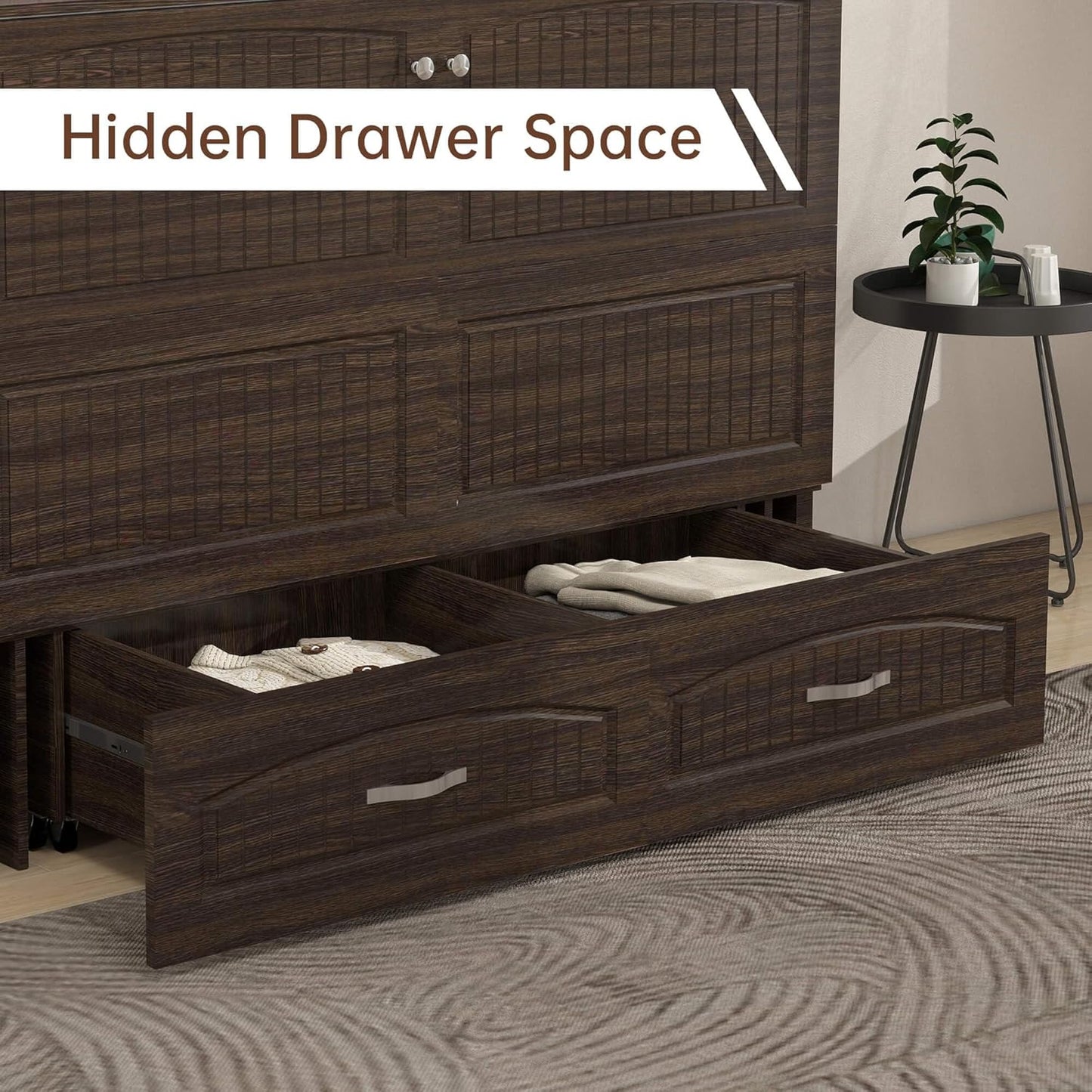 Queen Murphy Bed MFC-12 Cabinet with Charging Station for Guest Room, Black Walnut Queen Hideaway Murphy Bed with Storage Drawer and Shelves(NOT Included Mattress)