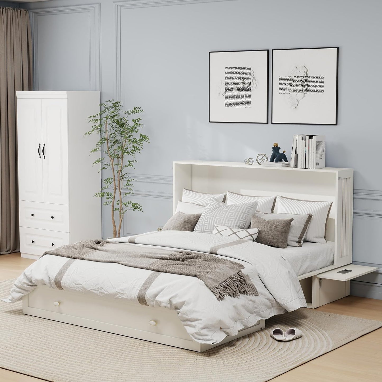 Queen Murphy Bed Cabinet with Storage Drawer and Shelves, MFC-10 White Queen Hideaway Murphy Bed Suit for Guest Room and Bedroom Living Room, Size is 82" L x 62" W x 41" H(NOT Included Mattress)