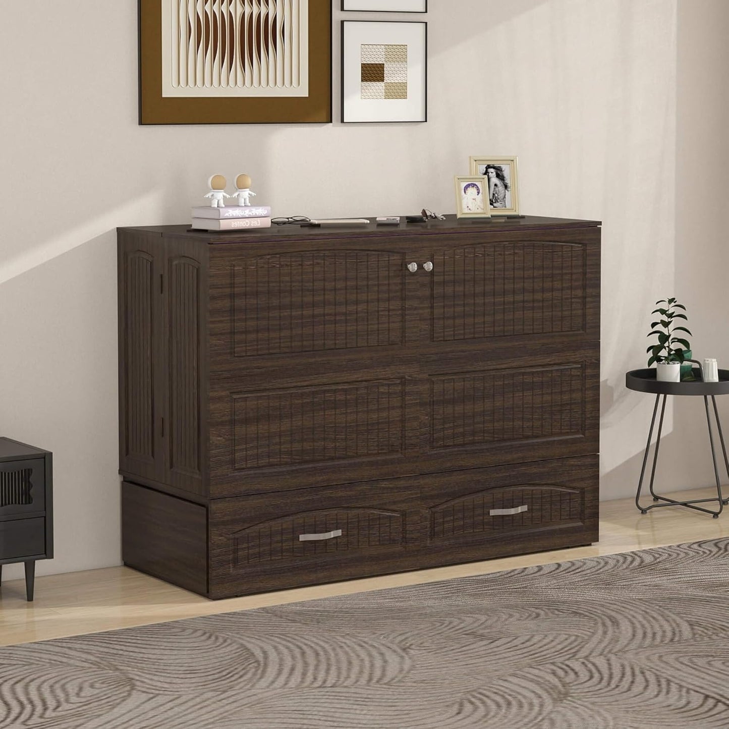 Queen Murphy Bed MFC-12 Cabinet with Charging Station for Guest Room, Black Walnut Queen Hideaway Murphy Bed with Storage Drawer and Shelves(NOT Included Mattress)
