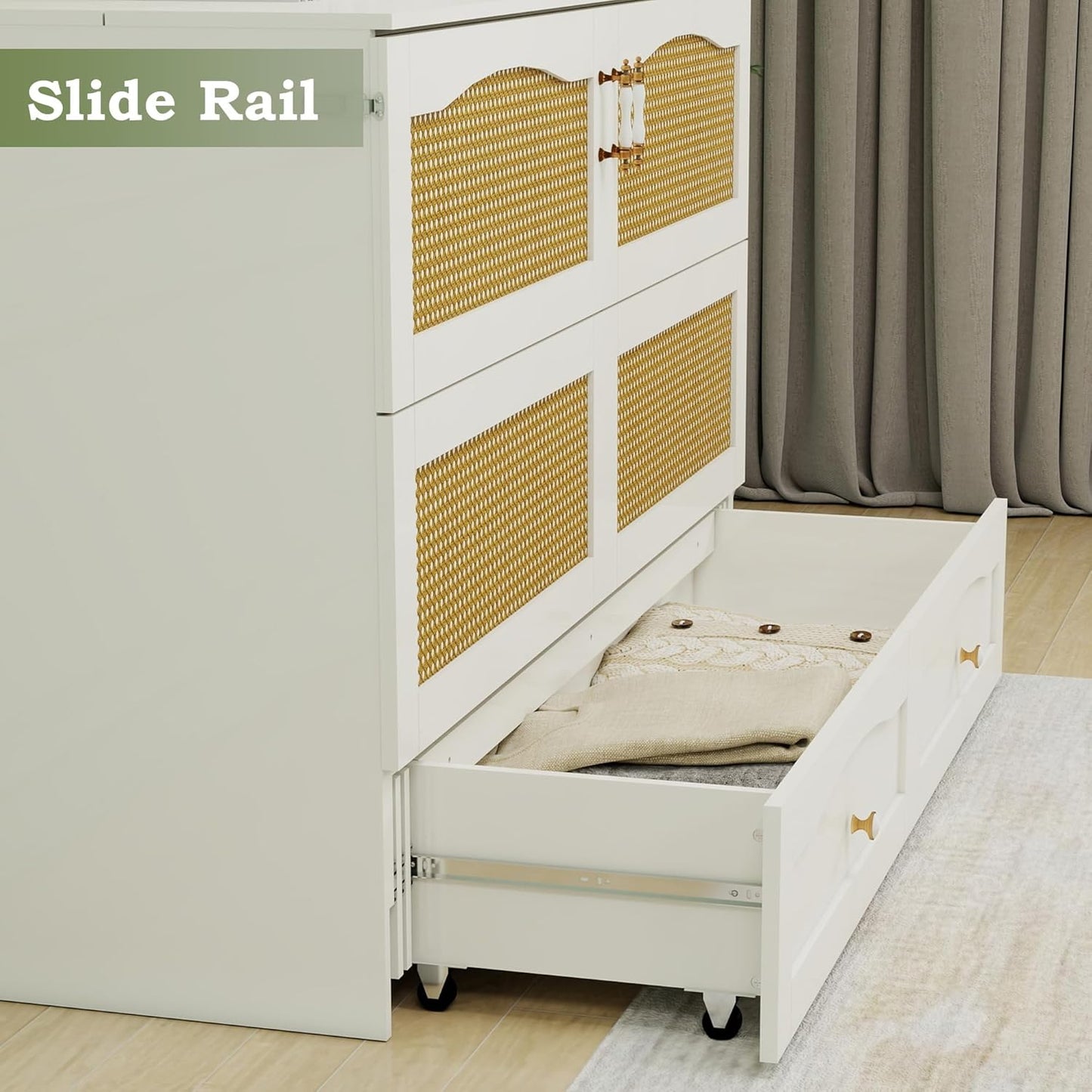 Murphy Bed Cabinet, MFC-9 Queen Cabinet Bed with Storage Drawers for Guest Room, Queen Size Murphy Bed, Space Saving Murphy Bed Chest, Hideaway Bed with White Rattan Design,Foldaway Bed Cabinet