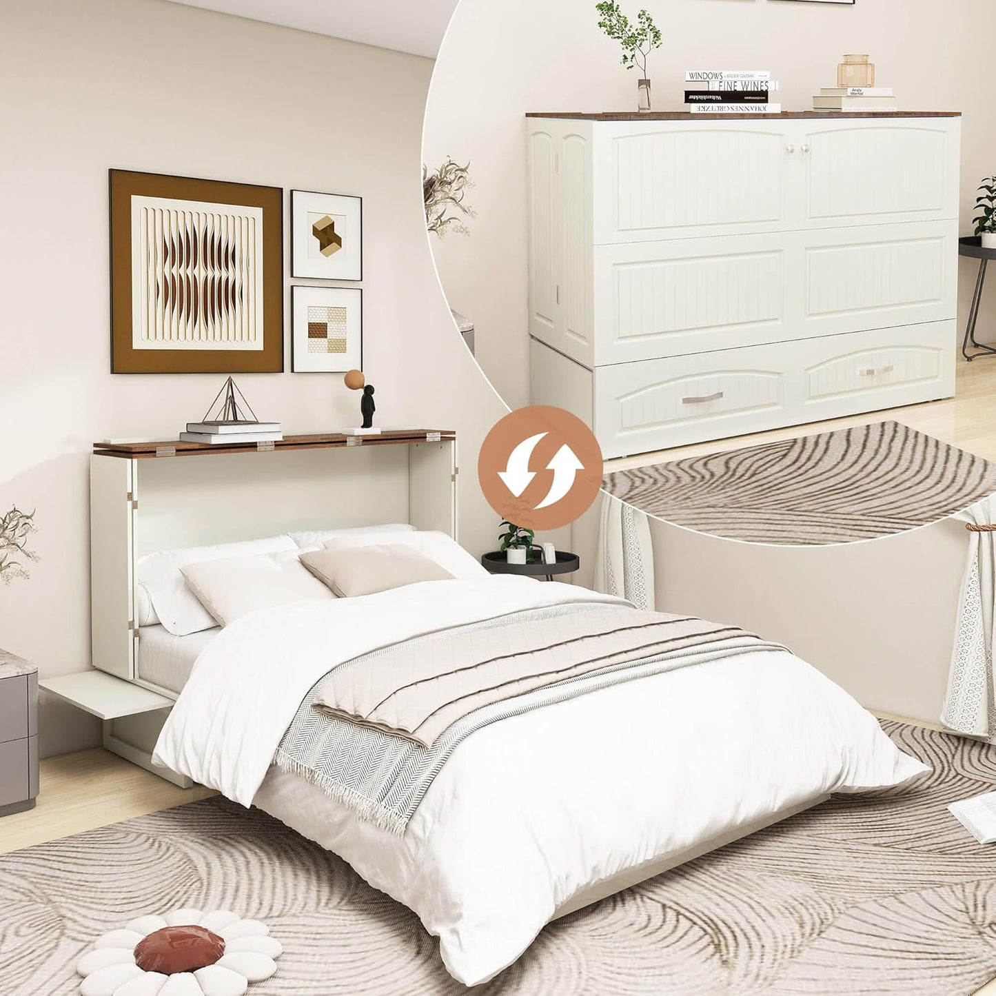 Murphy Bed Cabinet, MFC-3 Queen Murphy Bed with USB and Charging Ports, Murphy Bed Cabinet with Drawer Includes Storage Cabinet, Murphy Bed Queen Suit for Guest Room, White Cabinet Bed