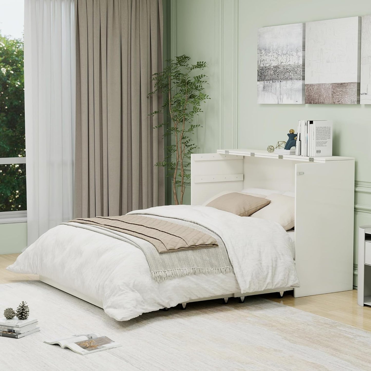 Murphy Bed Cabinet, MFC-9 Queen Cabinet Bed with Storage Drawers for Guest Room, Queen Size Murphy Bed, Space Saving Murphy Bed Chest, Hideaway Bed with White Rattan Design,Foldaway Bed Cabinet