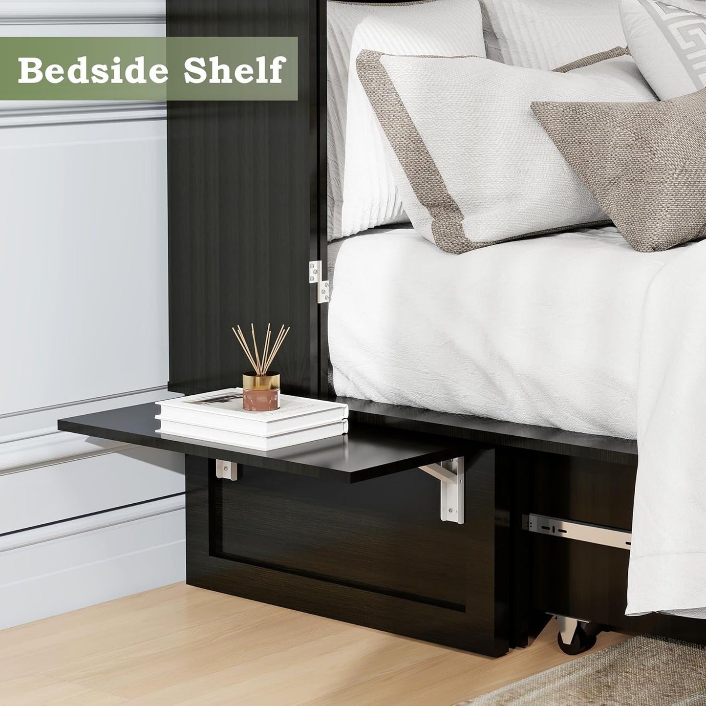 Murphy Bed with 2 Drawers and 2 Shelves, MFC-13 2 USB and 2 Charging Ports, Luxury Murphy Bed for Guest Rooms and Home Offices, Comfortable and Practical Black Queen Murphy Bed Cabinet