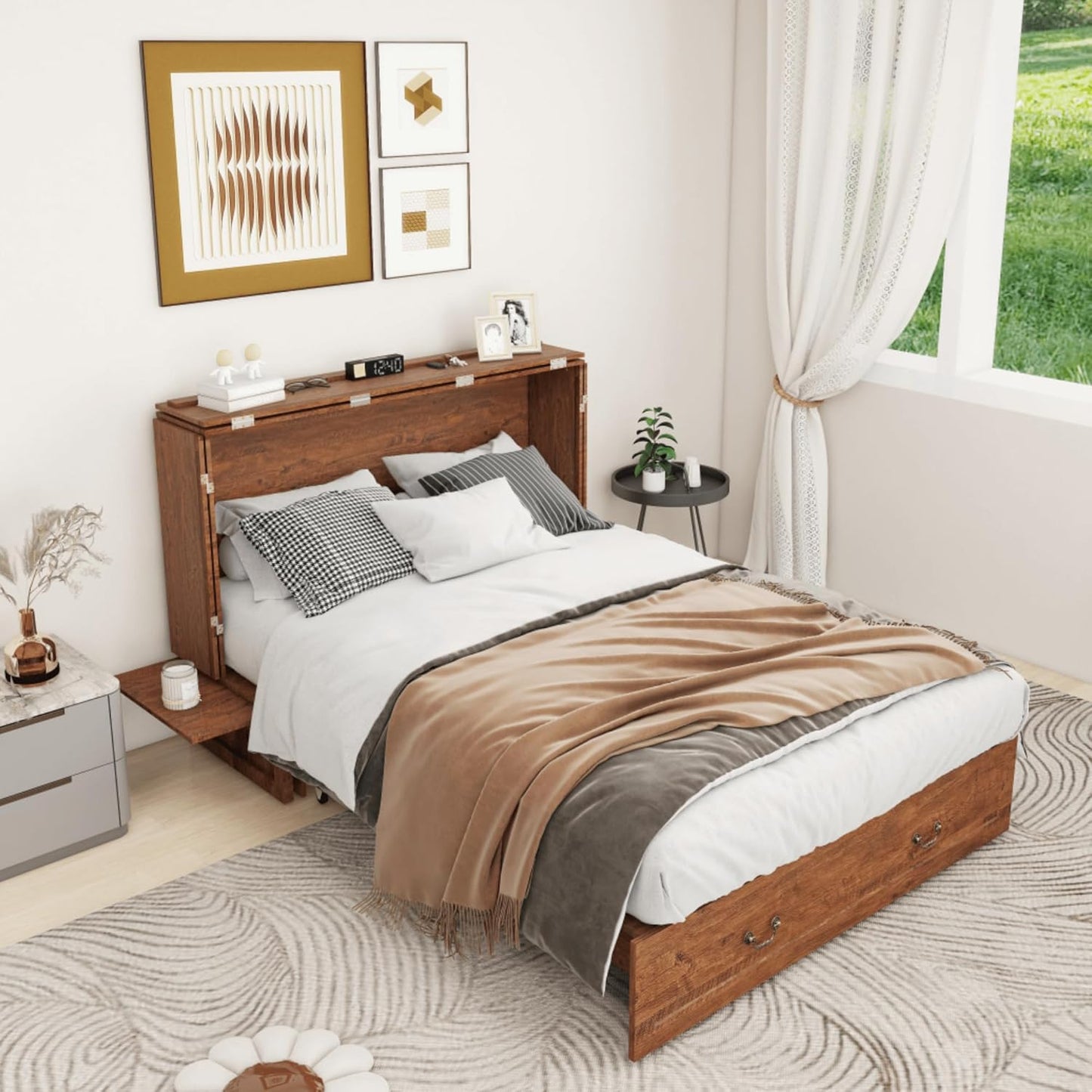 Murphy Bed Cabinet with Drawer Includes Storage Cabinet, Murphy Bed Twin Suit for Guest Room, Murphy Bed Full with Charging and USB Port, Reddish-Brown Twin Murphy Bed Cabinet Bed, Bed
