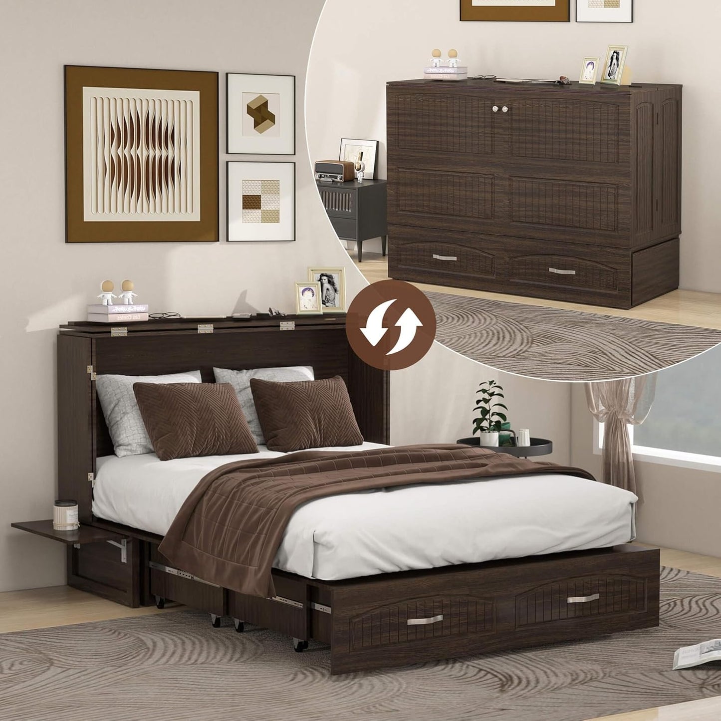 Queen Murphy Bed MFC-12 Cabinet with Charging Station for Guest Room, Black Walnut Queen Hideaway Murphy Bed with Storage Drawer and Shelves(NOT Included Mattress)