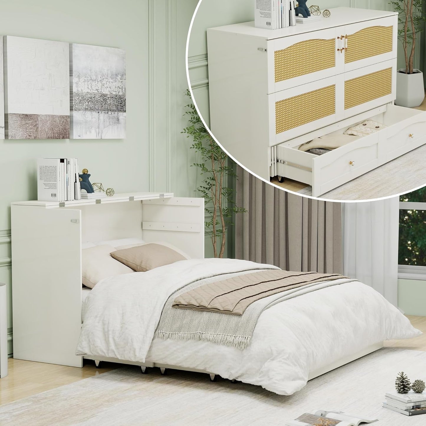 Murphy Bed Cabinet, MFC-9 Queen Cabinet Bed with Storage Drawers for Guest Room, Queen Size Murphy Bed, Space Saving Murphy Bed Chest, Hideaway Bed with White Rattan Design,Foldaway Bed Cabinet