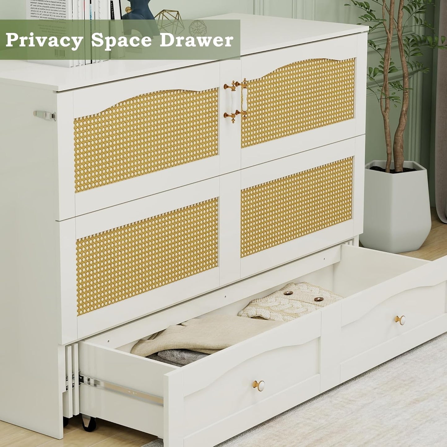 Murphy Bed Cabinet, MFC-9 Queen Cabinet Bed with Storage Drawers for Guest Room, Queen Size Murphy Bed, Space Saving Murphy Bed Chest, Hideaway Bed with White Rattan Design,Foldaway Bed Cabinet