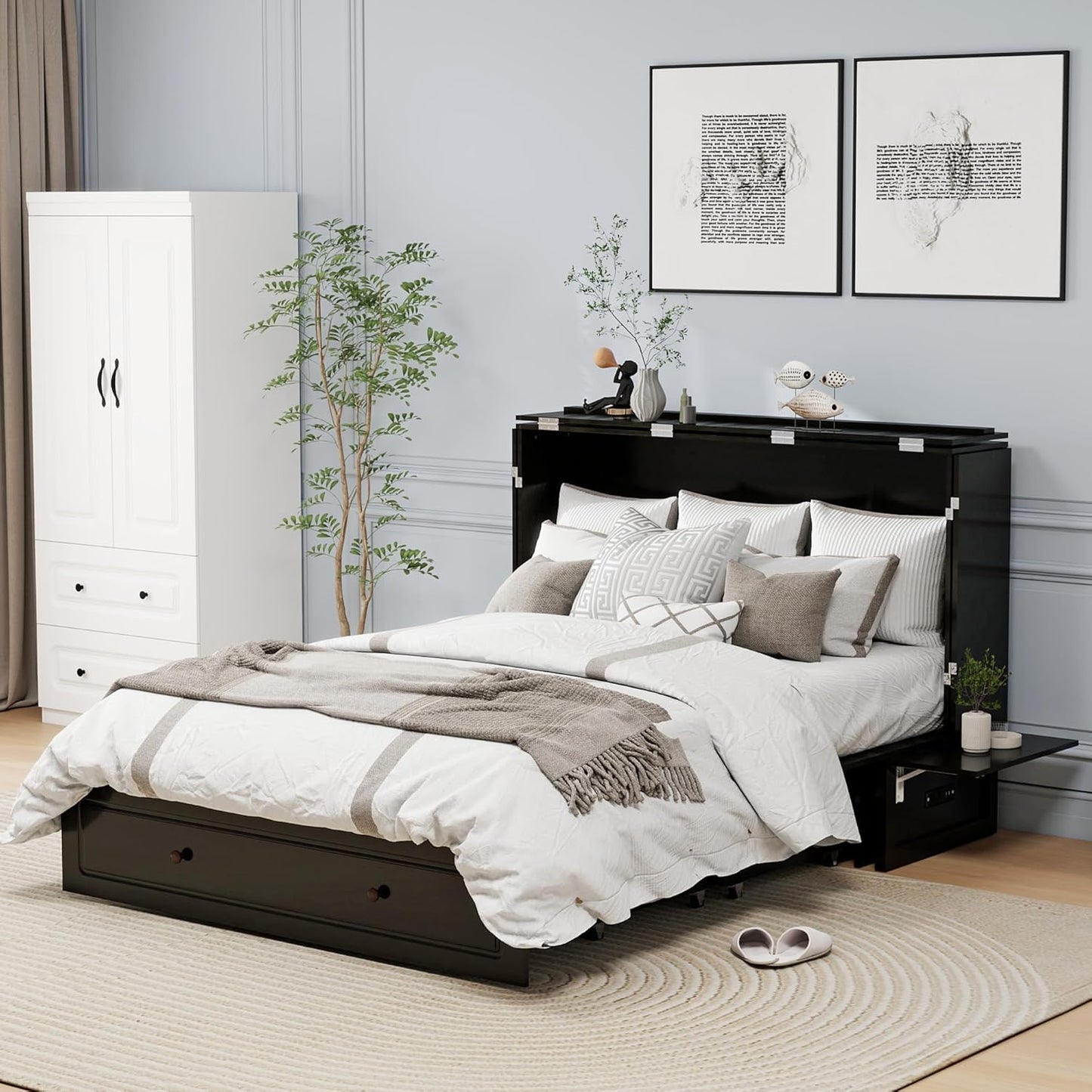 Murphy Bed with 2 Drawers and 2 Shelves, MFC-13 2 USB and 2 Charging Ports, Luxury Murphy Bed for Guest Rooms and Home Offices, Comfortable and Practical Black Queen Murphy Bed Cabinet