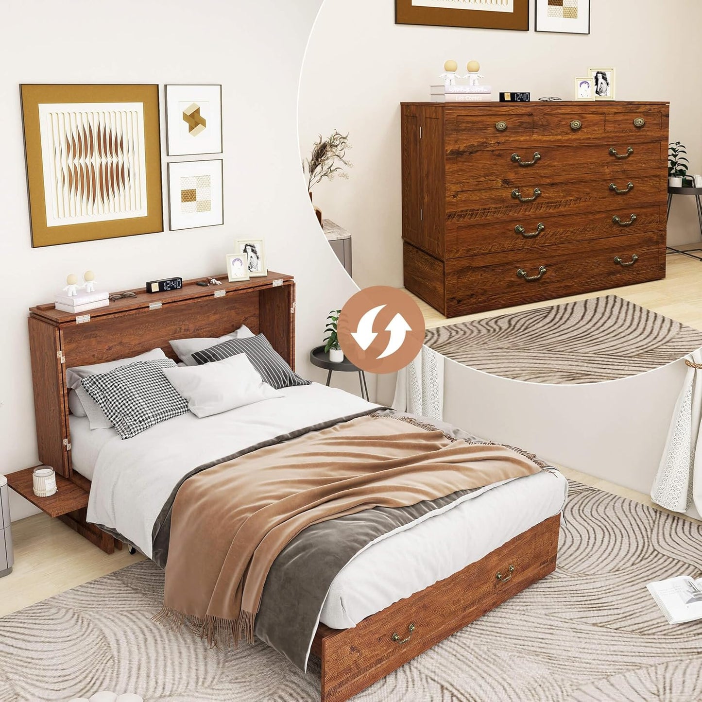 Murphy Bed Cabinet with Drawer Includes Storage Cabinet, Murphy Bed Twin Suit for Guest Room, Murphy Bed Full with Charging and USB Port, Reddish-Brown Twin Murphy Bed Cabinet Bed, Bed