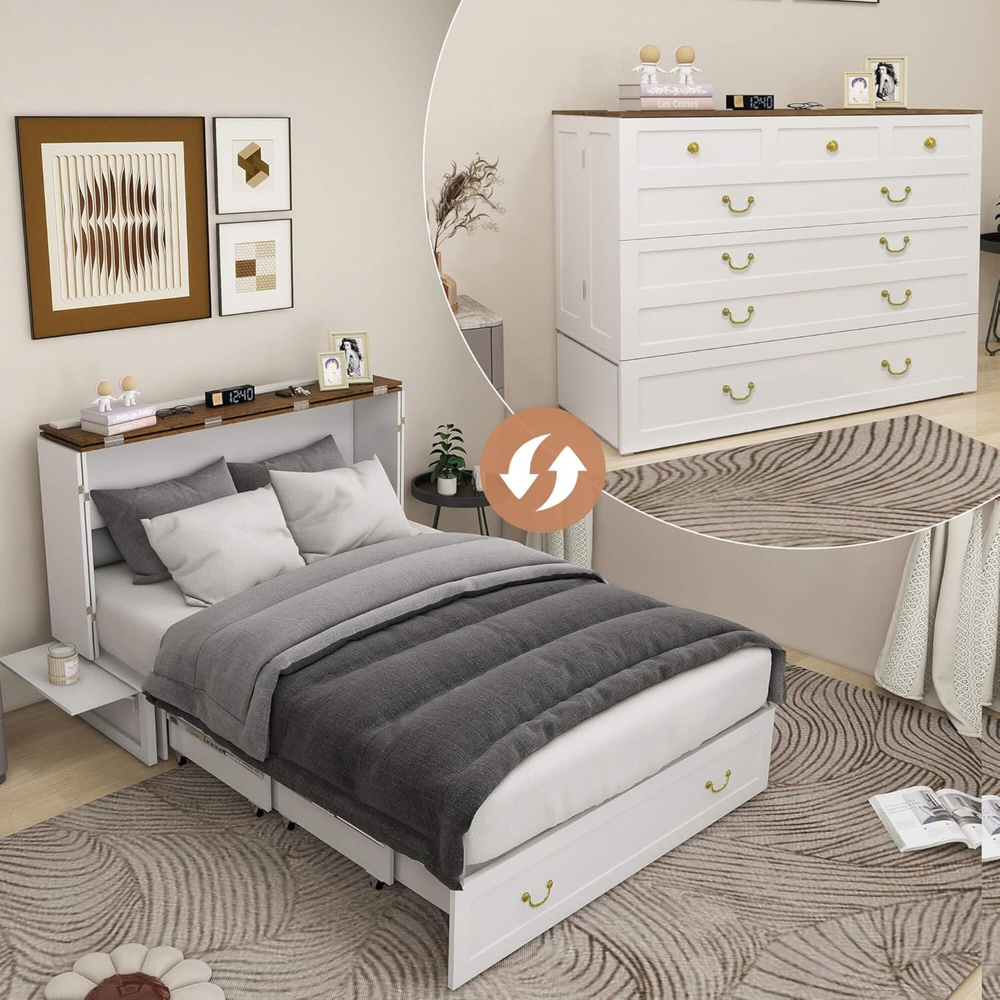 Murphy Bed Cabinet with Drawer Includes Storage Cabinet, MFC-6 Murphy Bed Twin Suit for Home Office, Murphy Bed Full with Charging and USB Port, Warm White Twin Murphy Bed Cabinet Bed, Guest Bed