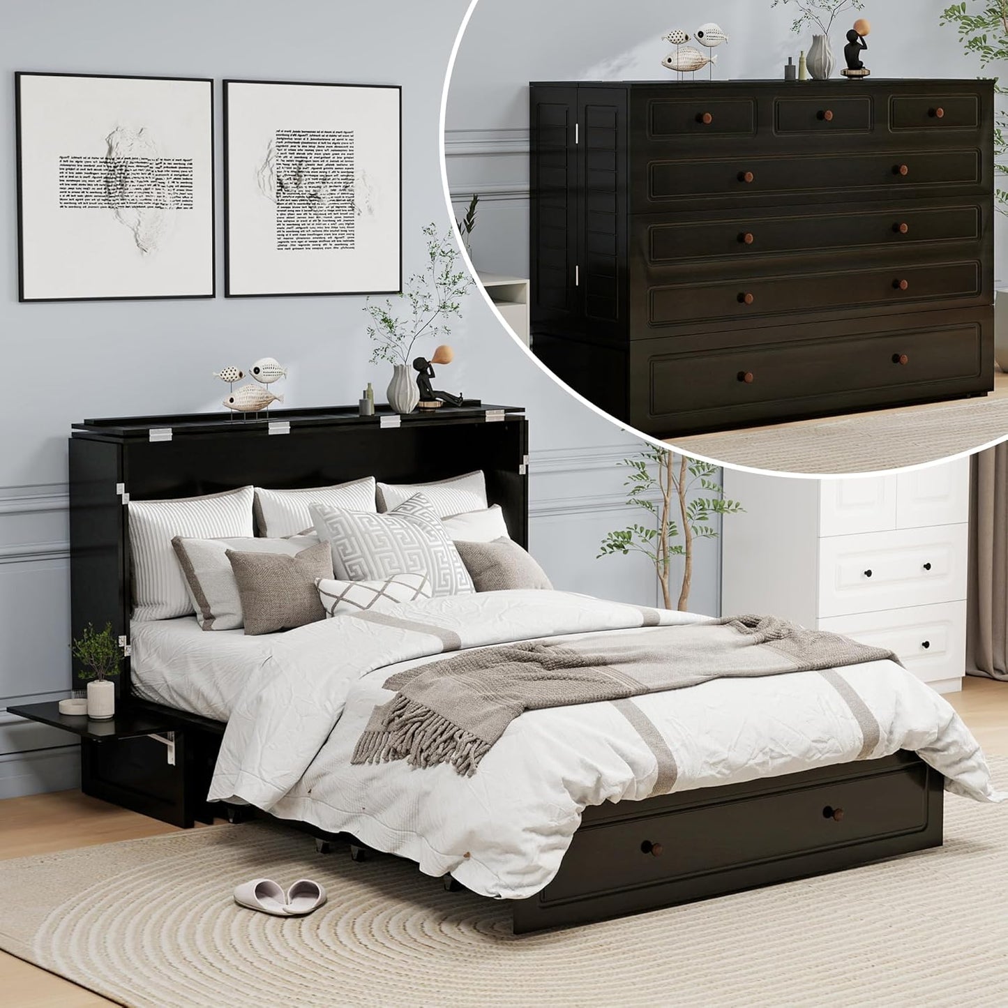 Murphy Bed with 2 Drawers and 2 Shelves, MFC-13 2 USB and 2 Charging Ports, Luxury Murphy Bed for Guest Rooms and Home Offices, Comfortable and Practical Black Queen Murphy Bed Cabinet