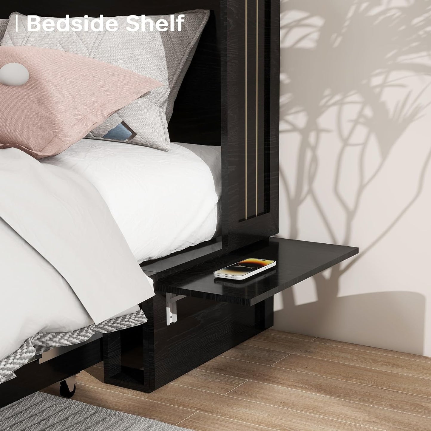 Queen Size MFC-11 Murphy Cabinet Bed with 2 Large Storage Drawers and Shelves Hidden Mobile Chest with Shelves Space Saving for Guest Room Bedroom, 82"x62"x41" Black (Mattress not Include)