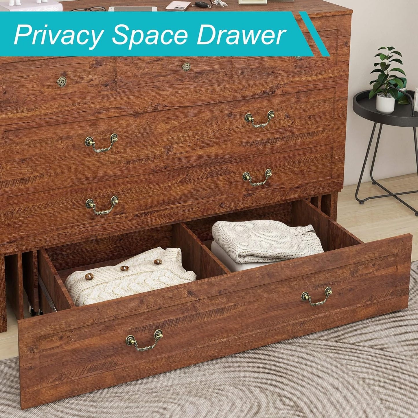 Murphy Bed Cabinet with Drawer Includes Storage Cabinet, Murphy Bed Twin Suit for Guest Room, Murphy Bed Full with Charging and USB Port, Reddish-Brown Twin Murphy Bed Cabinet Bed, Bed