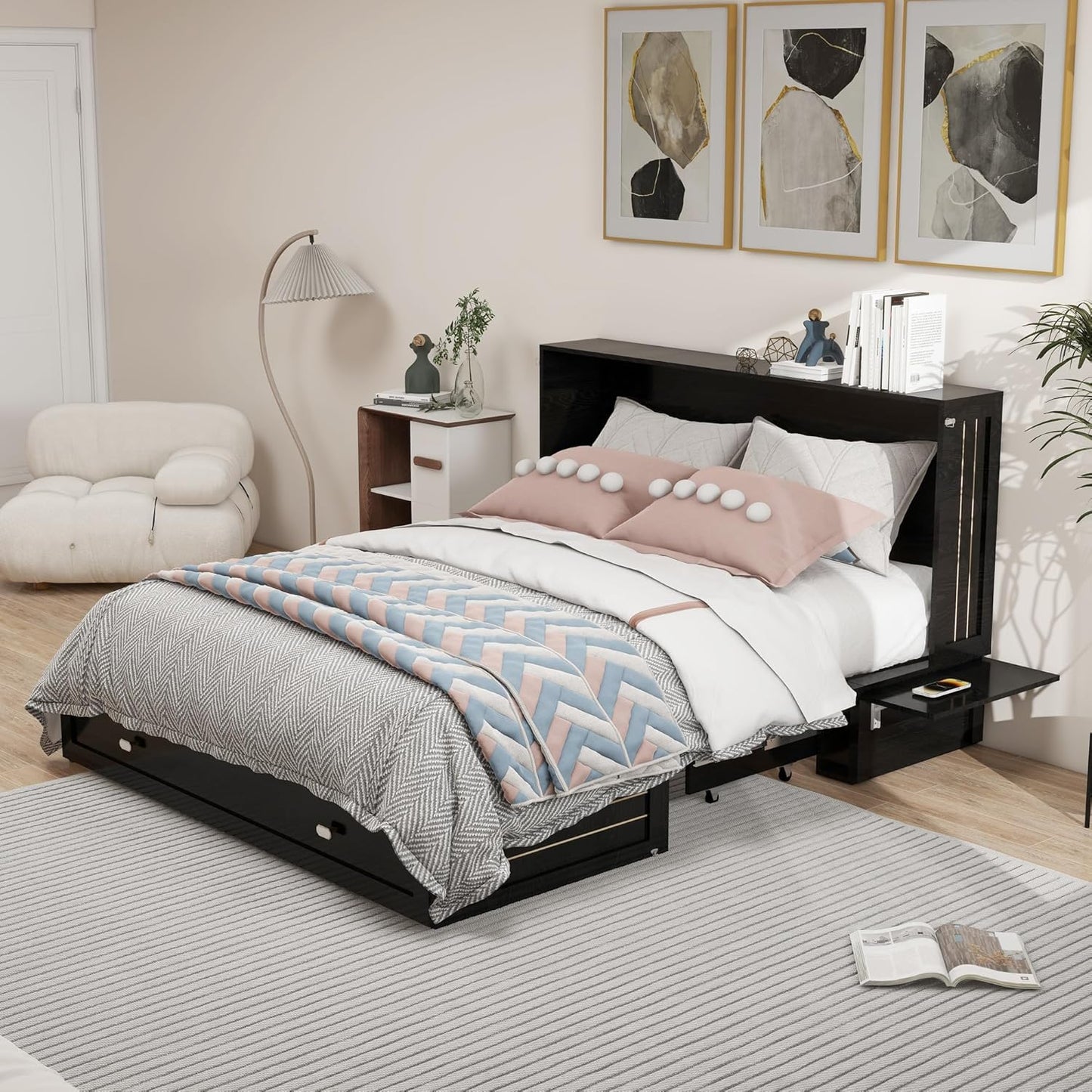 Queen Size MFC-11 Murphy Cabinet Bed with 2 Large Storage Drawers and Shelves Hidden Mobile Chest with Shelves Space Saving for Guest Room Bedroom, 82"x62"x41" Black (Mattress not Include)