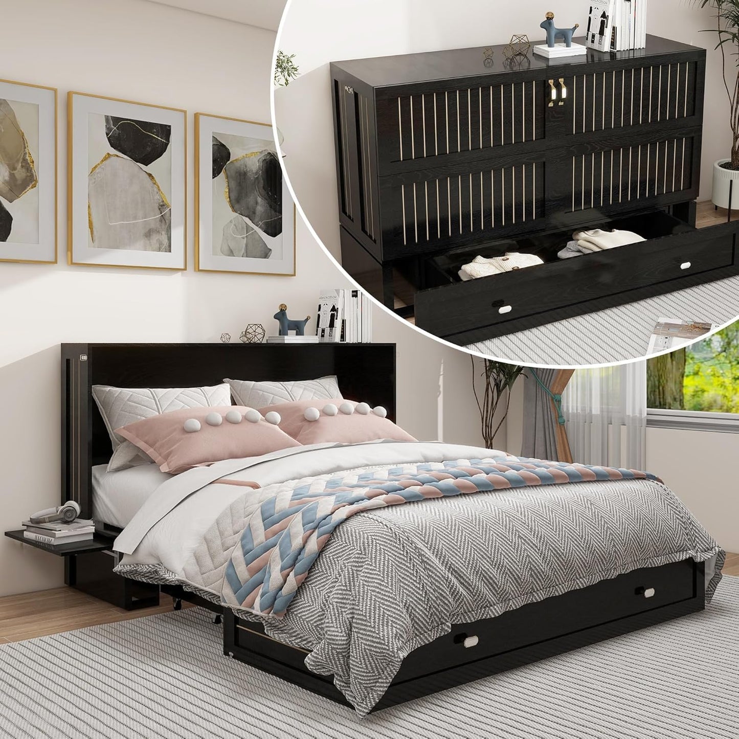 Queen Size MFC-11 Murphy Cabinet Bed with 2 Large Storage Drawers and Shelves Hidden Mobile Chest with Shelves Space Saving for Guest Room Bedroom, 82"x62"x41" Black (Mattress not Include)