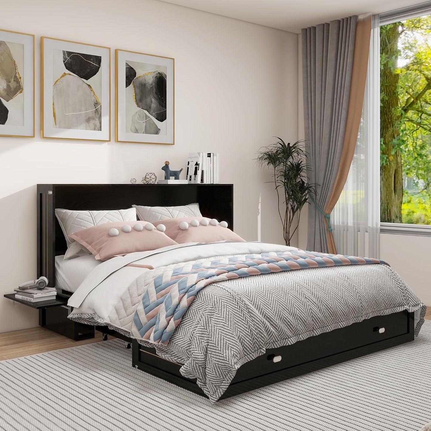 Queen Size MFC-11 Murphy Cabinet Bed with 2 Large Storage Drawers and Shelves Hidden Mobile Chest with Shelves Space Saving for Guest Room Bedroom, 82"x62"x41" Black (Mattress not Include)